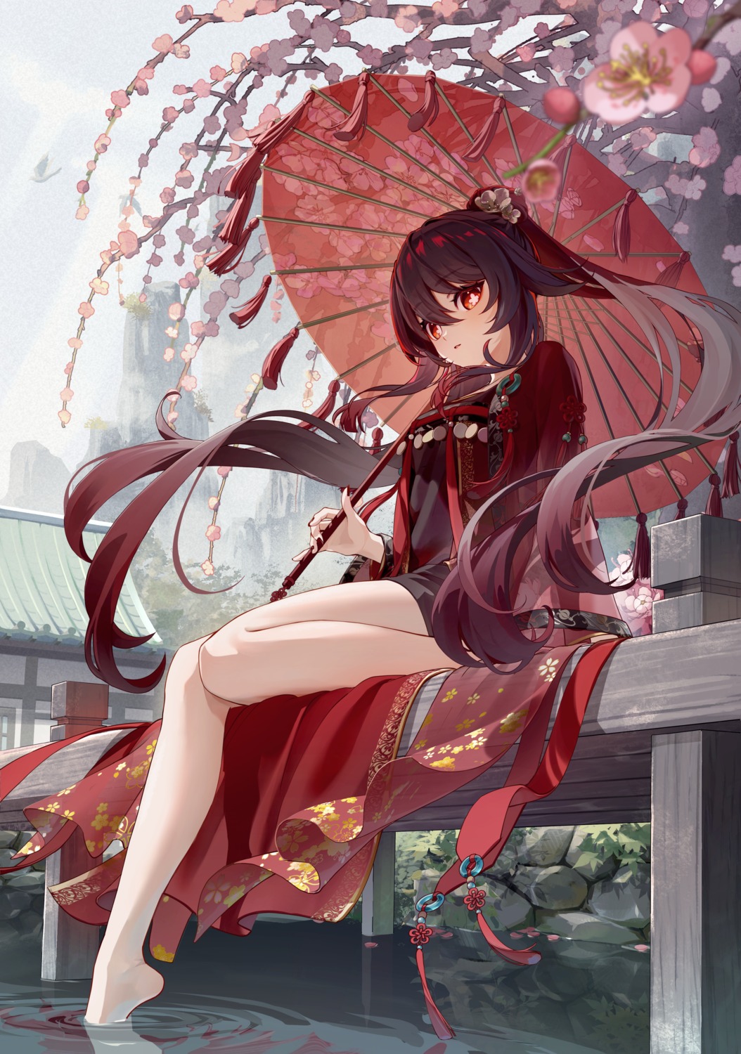 asian_clothes, bibi_(obb_spl), genshin_impact, hu_tao, umbrella, wet