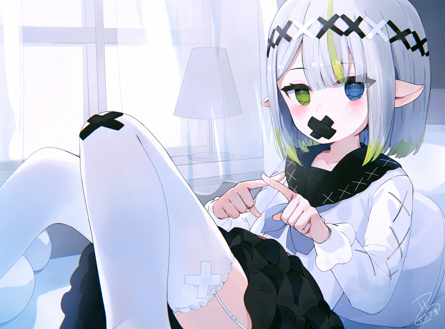 heterochromia, nishi_yasuaki, pointy_ears, seifuku, skirt_lift, stockings, thighhighs