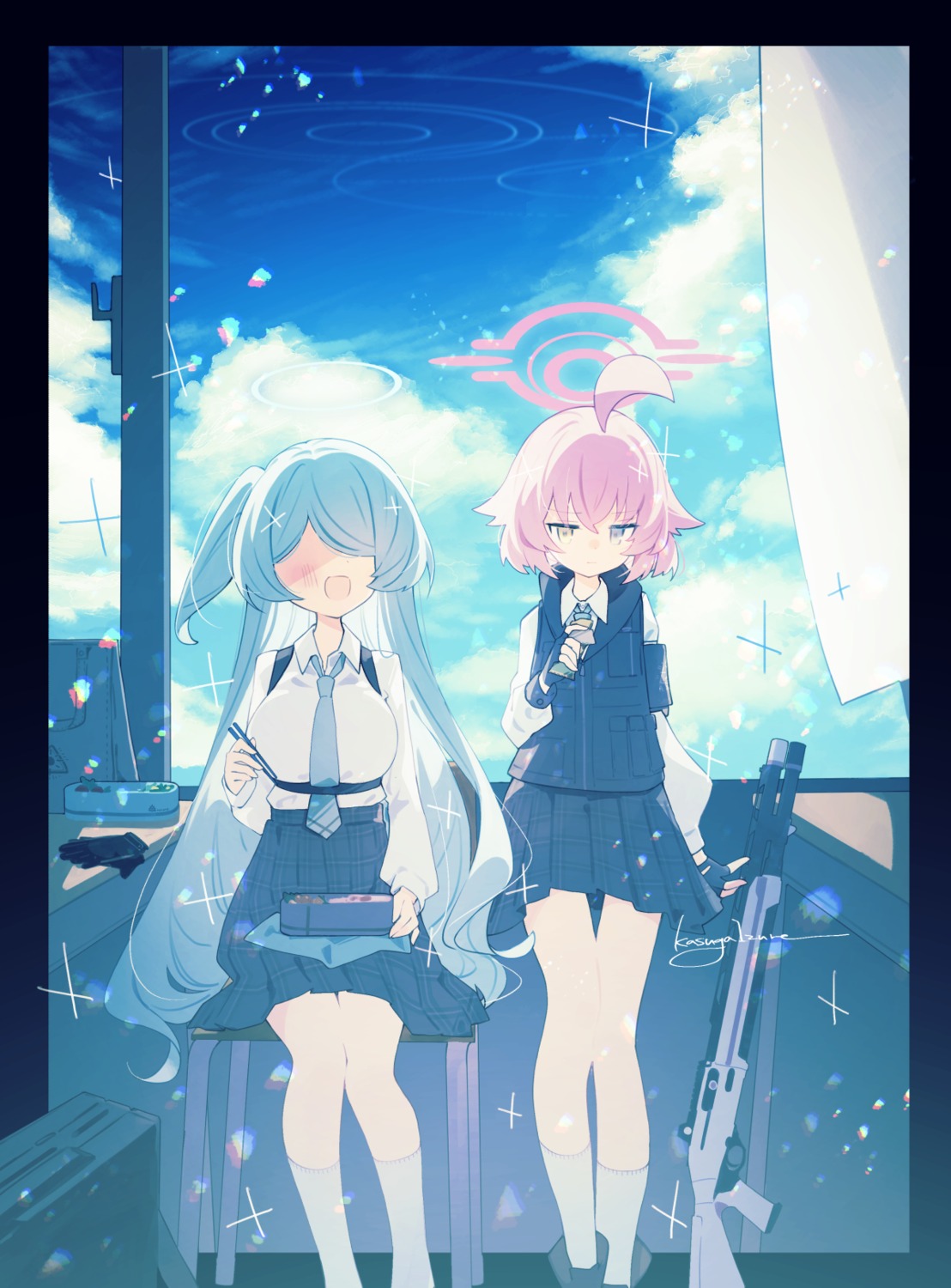 blue_archive, gun, halo, heterochromia, kasuga_izure, kuchinashi_yume, seifuku, takanashi_hoshino