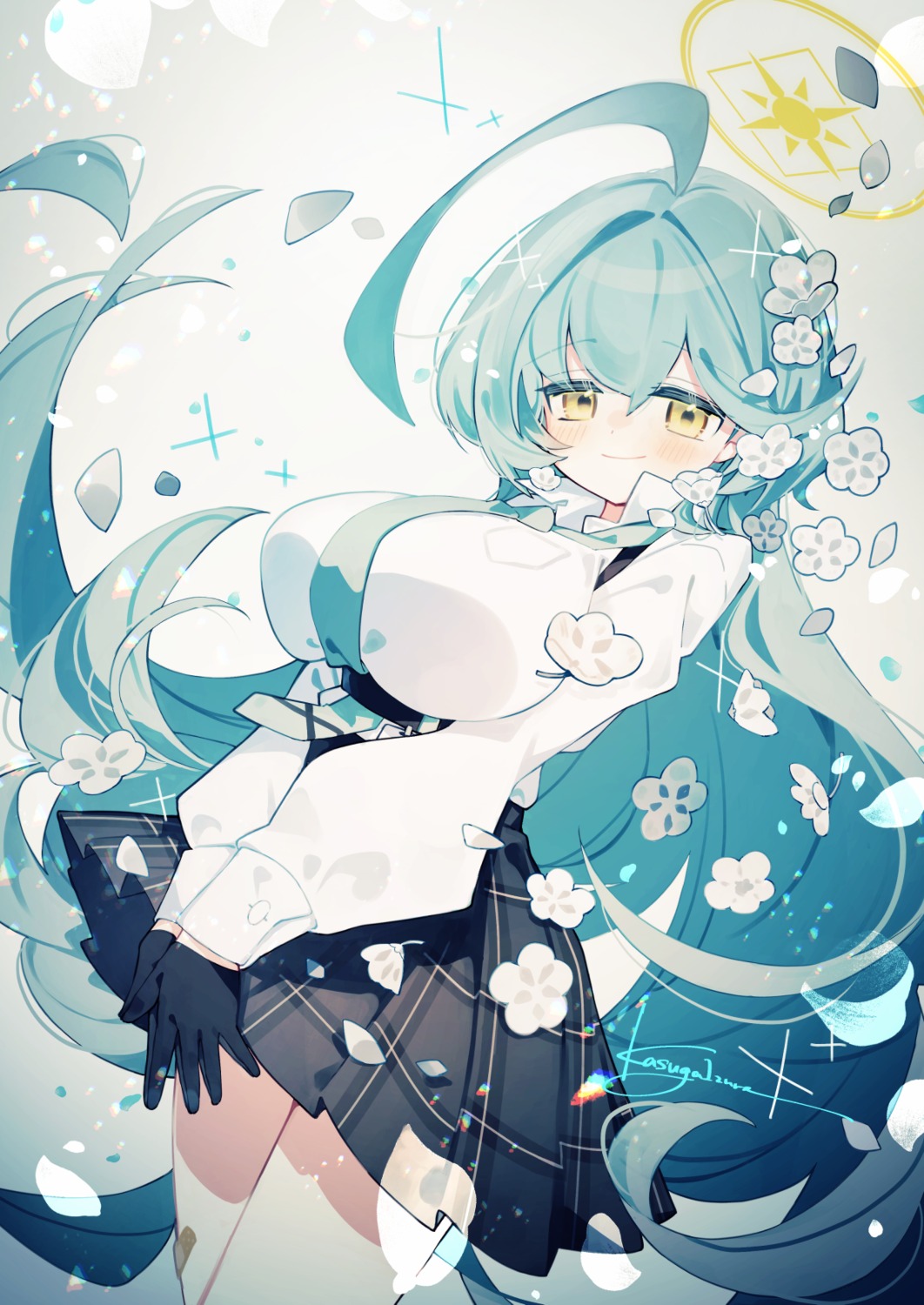 bandaid, blue_archive, halo, kasuga_izure, kuchinashi_yume, seifuku, skirt_lift