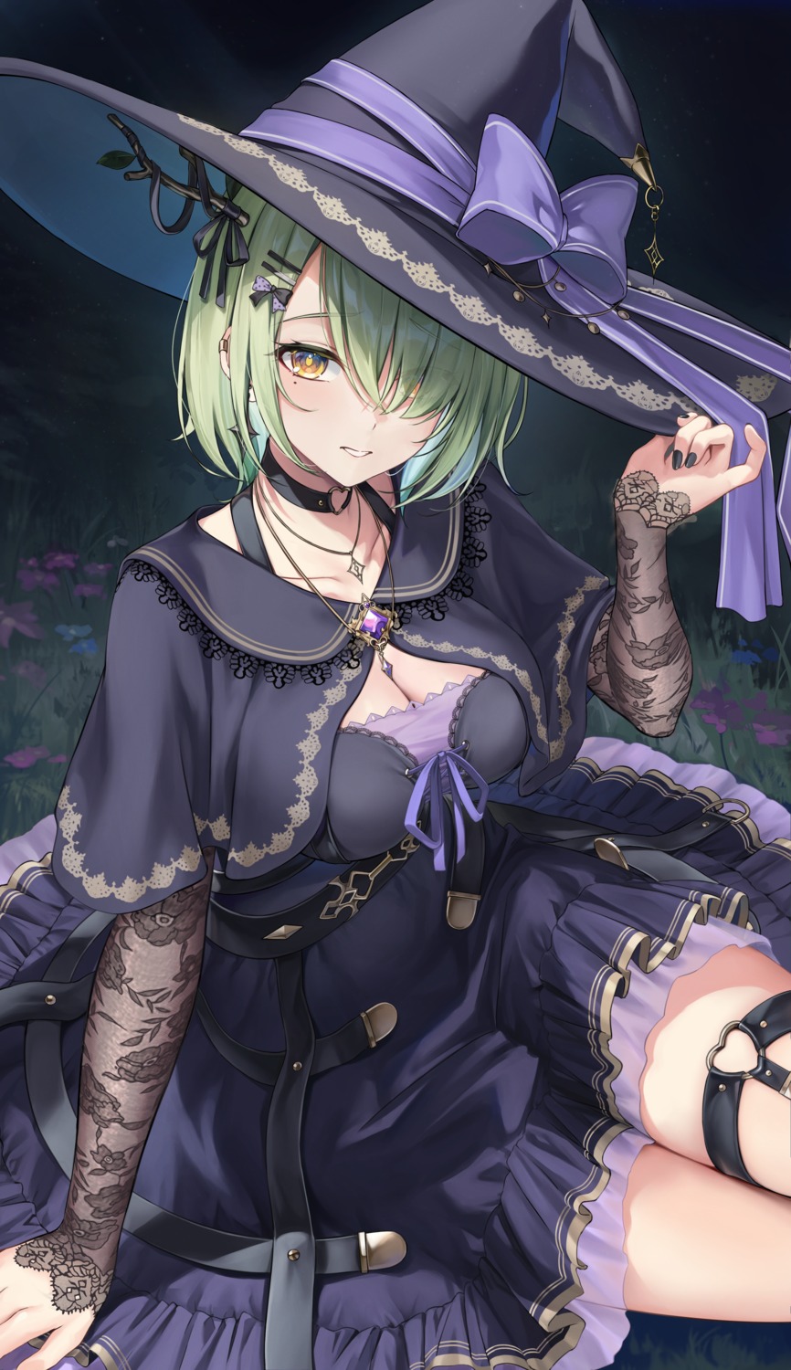aoi_13, ceres_fauna, cleavage, dress, garter, hololive, hololive_english, horns