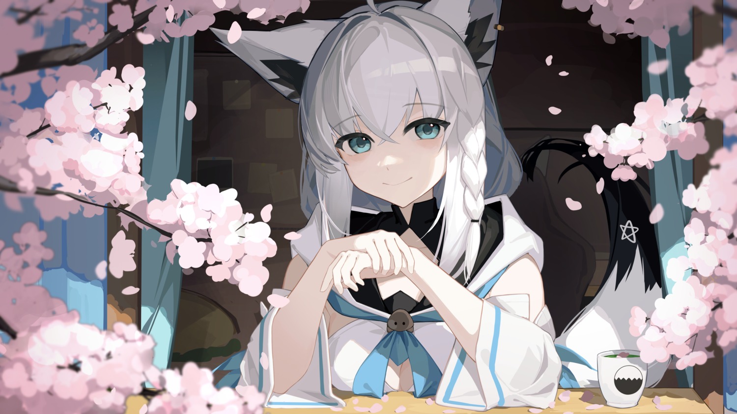 animal_ears, cleavage, hololive, hololive_gamers, kitsune, shirakami_fubuki, tail, wallpaper