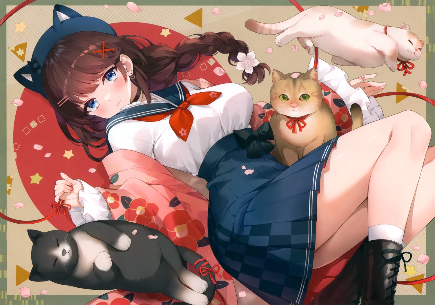 animal_ears, ayamy, ayamy_(vtuber), japanese_clothes, neko, nekomimi, seifuku, skirt_lift