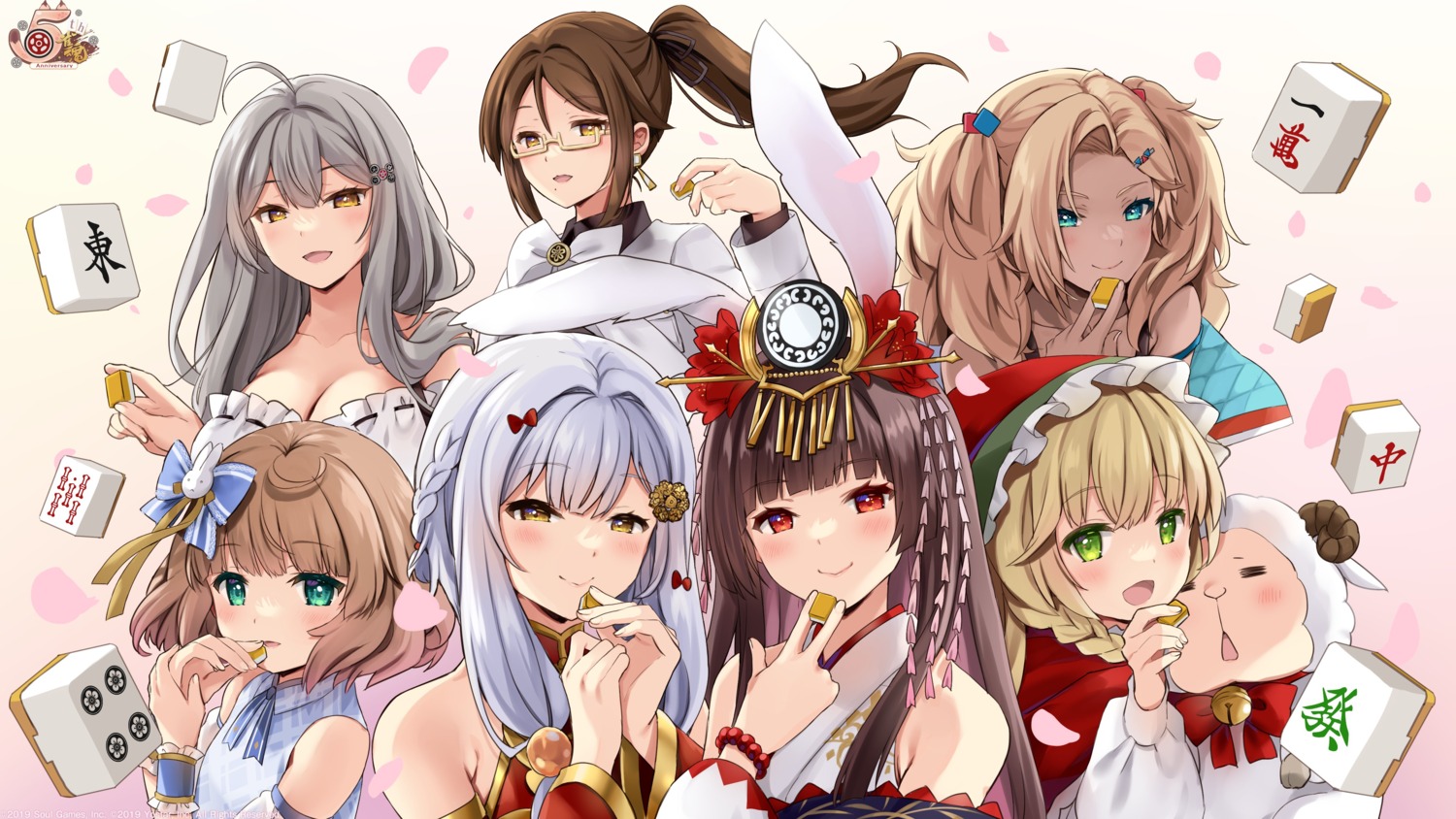 animal_ears, bunny_ears, eliisa, fu_ji, fujimoto_kirara, hina_momo, japanese_clothes, kaguyahime_(majsoul), kitami_sawako, majsoul, megane, natsume_eri, terasaki_chihori