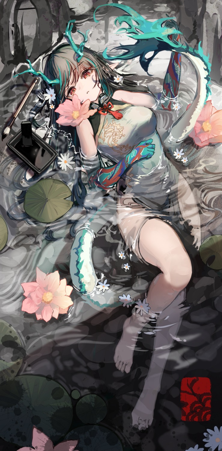 arknights, chinadress, dusk_(arknights), horns, iasimo, pointy_ears, tail, wet