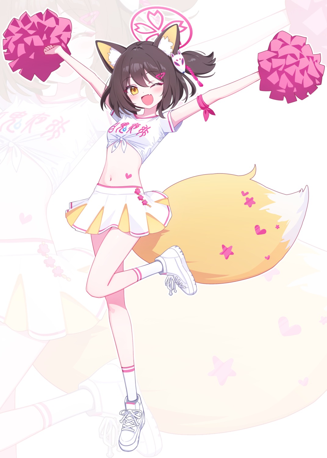 animal_ears, blue_archive, cheerleader, deadnooodles, halo, kitsune, kuda_izuna, skirt_lift