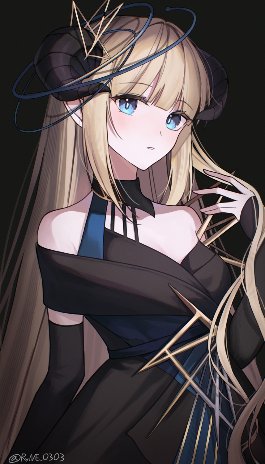 arknights, dress, horns, nightingale_(arknights), no_bra, pointy_ears, rin_(ryne_0303)