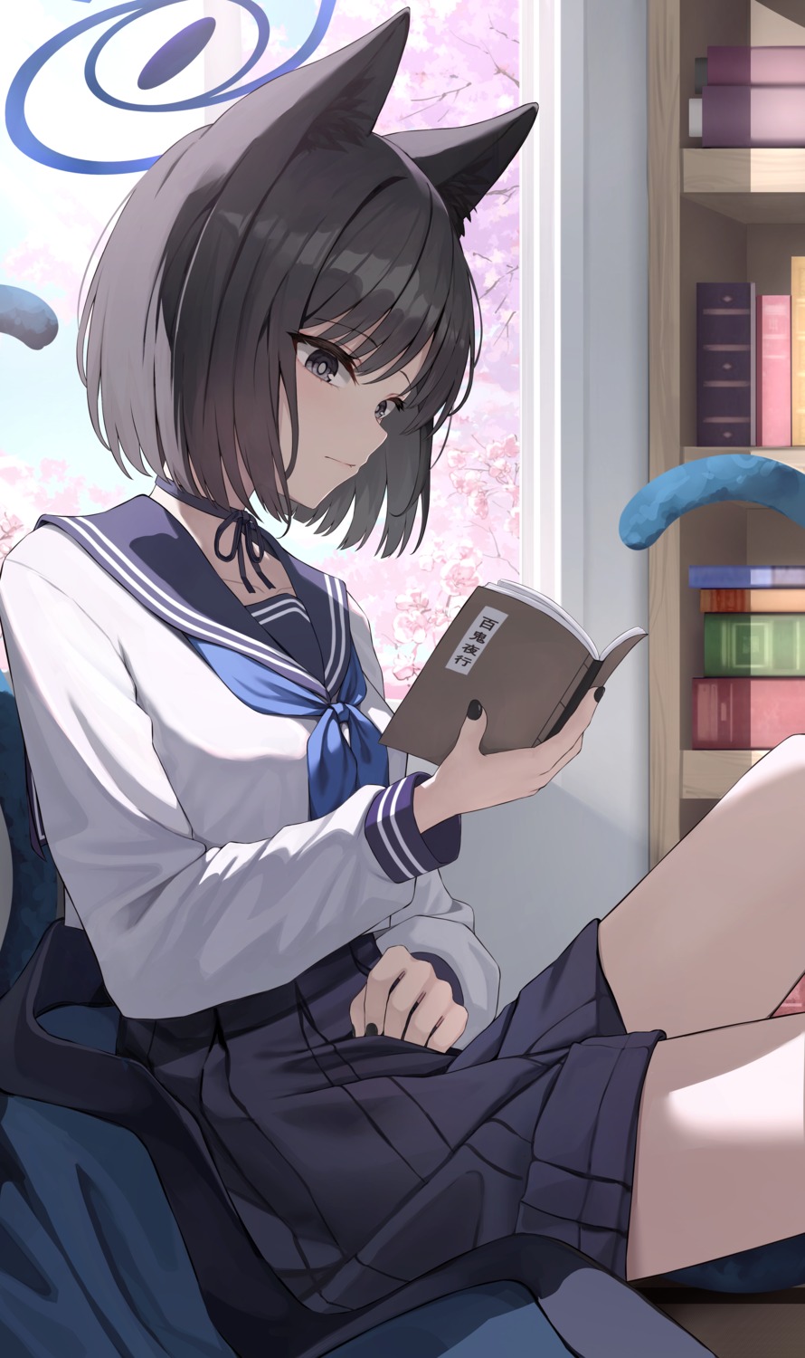 animal_ears, blue_archive, halo, kiryuu_kikyou, kurone_(kurone_ryuo), nekomimi, seifuku, tail