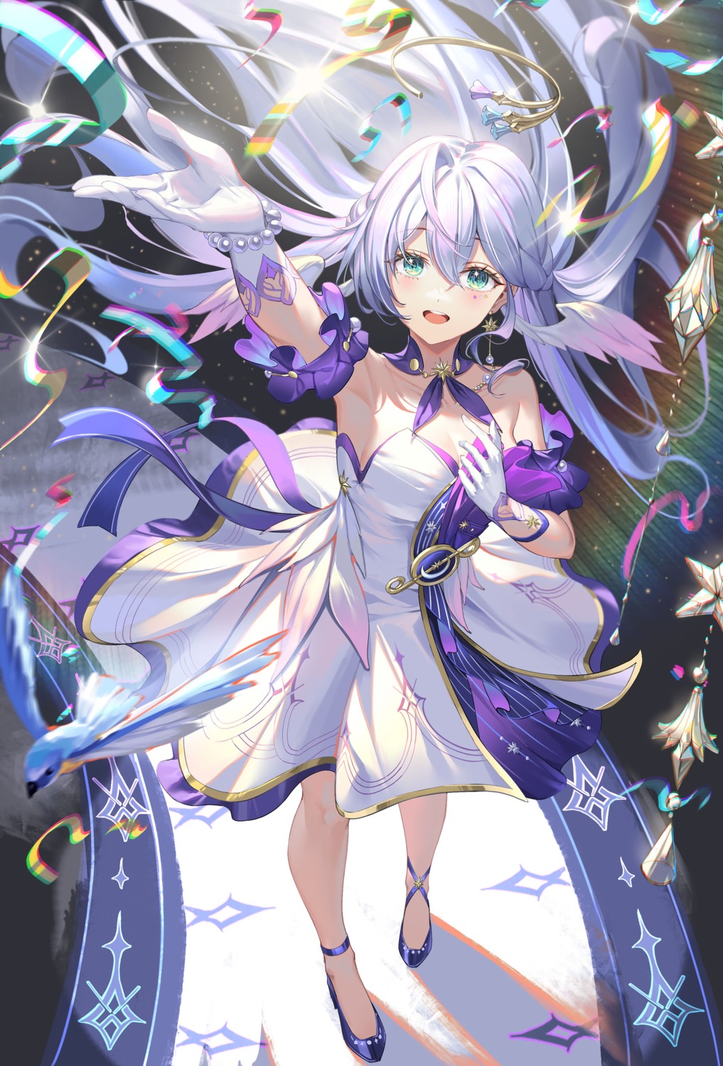 al_guang, dress, halo, honkai:_star_rail, no_bra, robin, wings