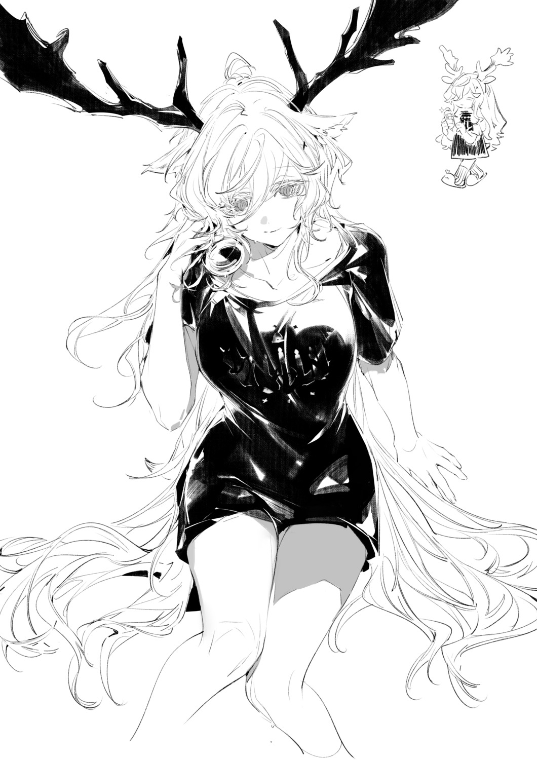 animal_ears, arknights, chibi, chuzenji, dress, horns, monochrome, sketch