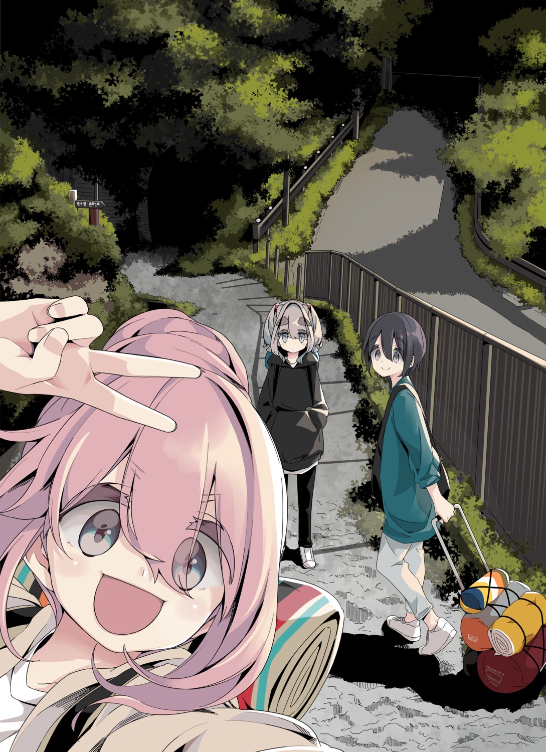 afro, kagamihara_nadeshiko, mizunami_ema, saitou_ena, selfie, yurucamp