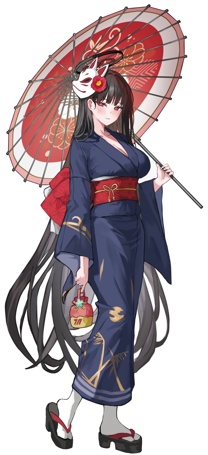 blue_archive, cleavage, halo, kimono, pongdo, tsukatsuki_rio, umbrella