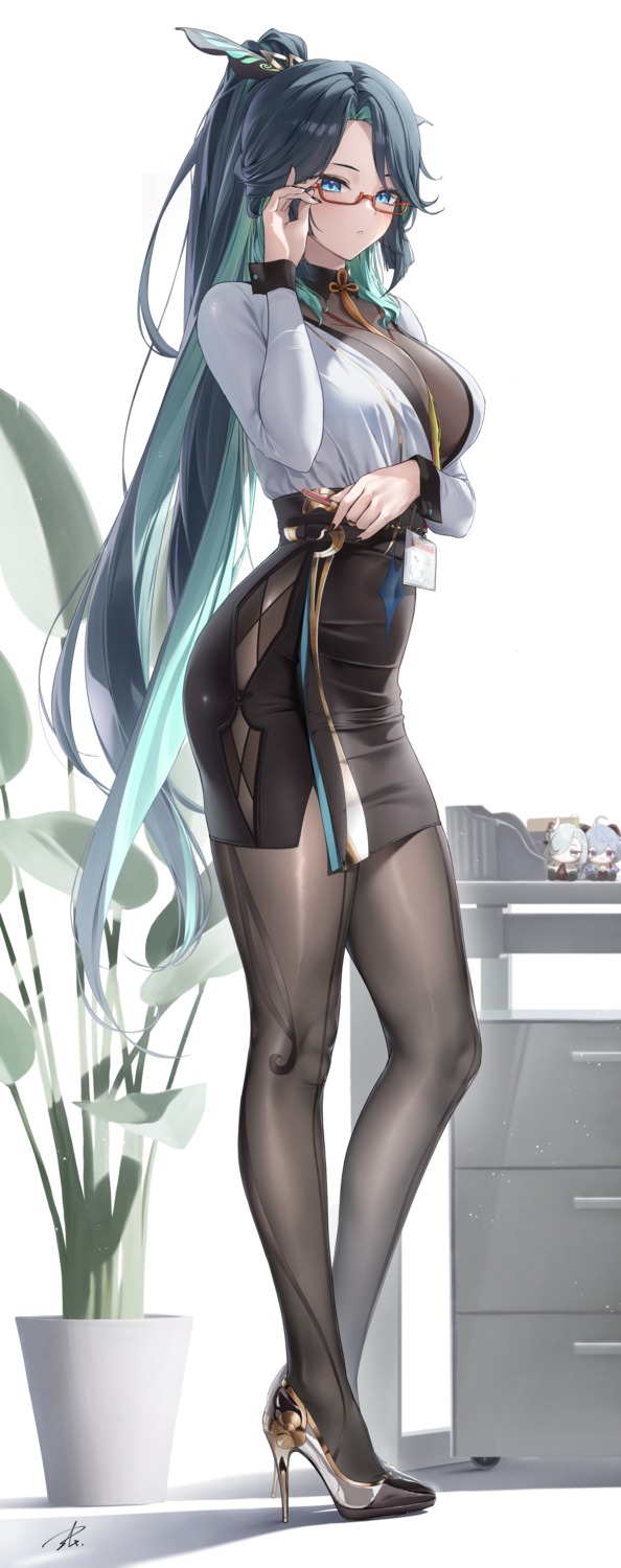 chibi, ganyu, genshin_impact, heels, megane, pantyhose, shenhe, xianyun, yabacha