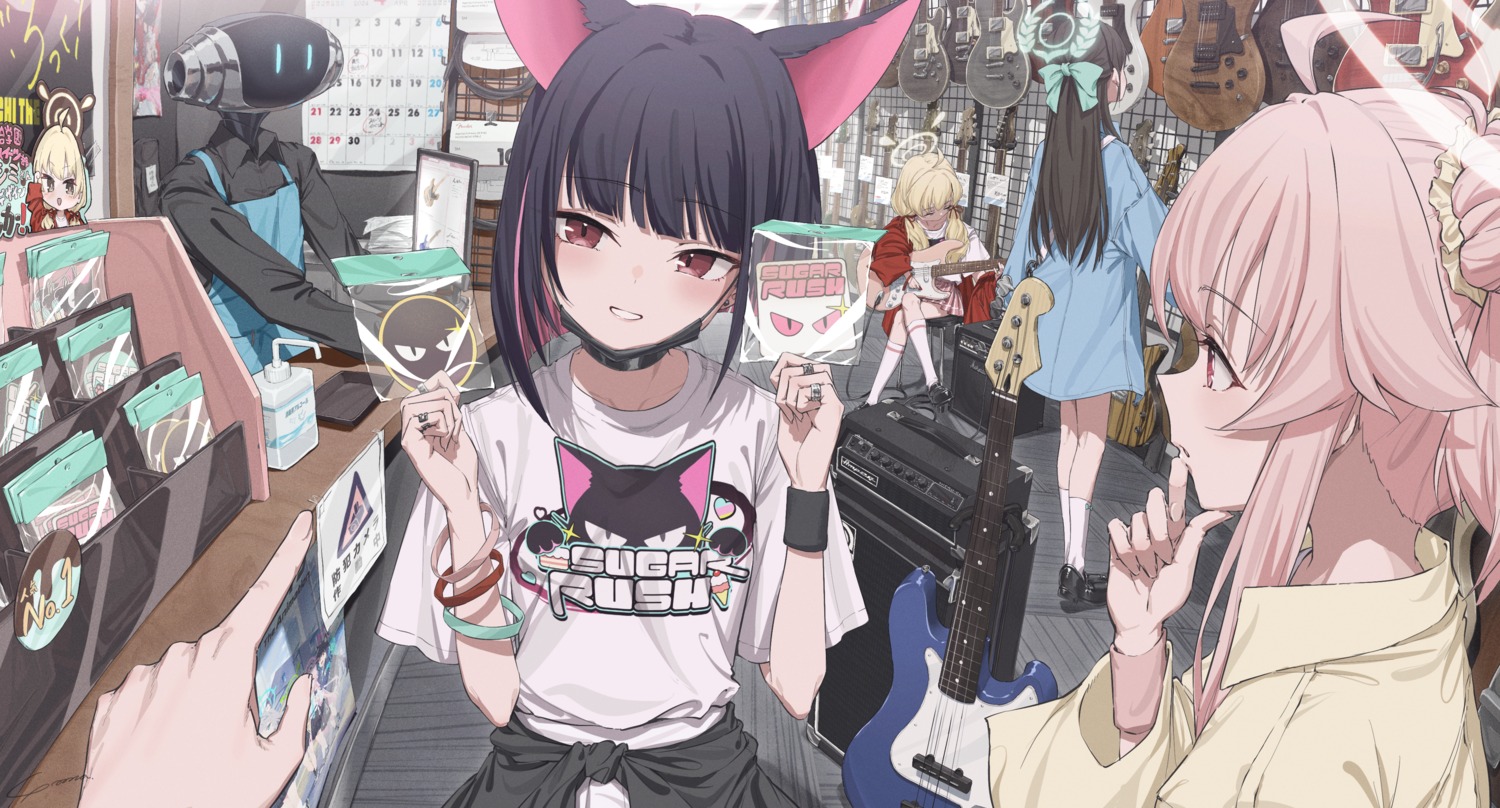 animal_ears, blue_archive, guitar, halo, ibaragi_yoshimi, kurimura_airi, kyouyama_kazusa, nekomimi, seifuku, uniform, yo_na, yutori_natsu