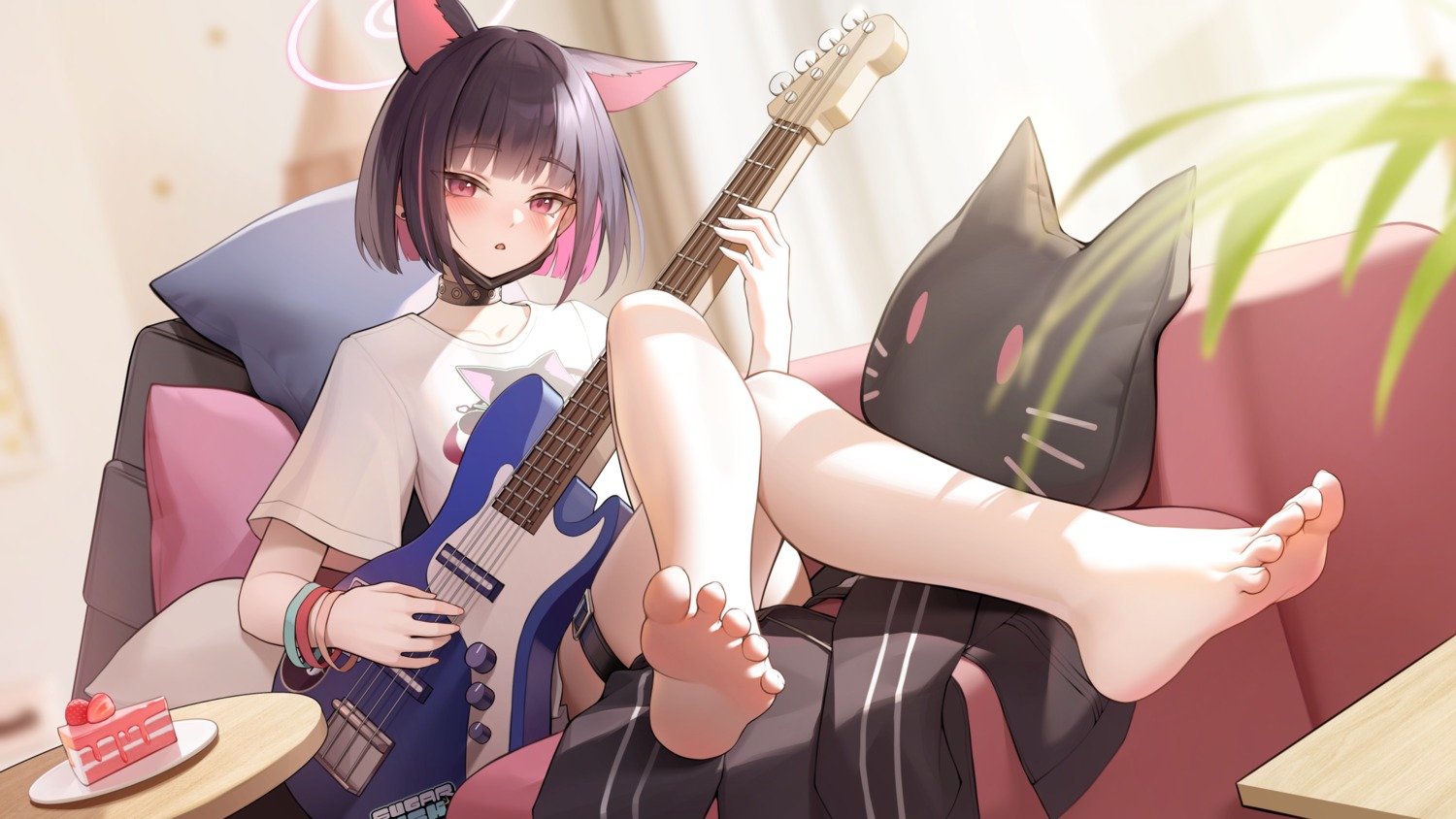 animal_ears, blue_archive, feet, garter, guitar, halo, kyouyama_kazusa, nekomimi
