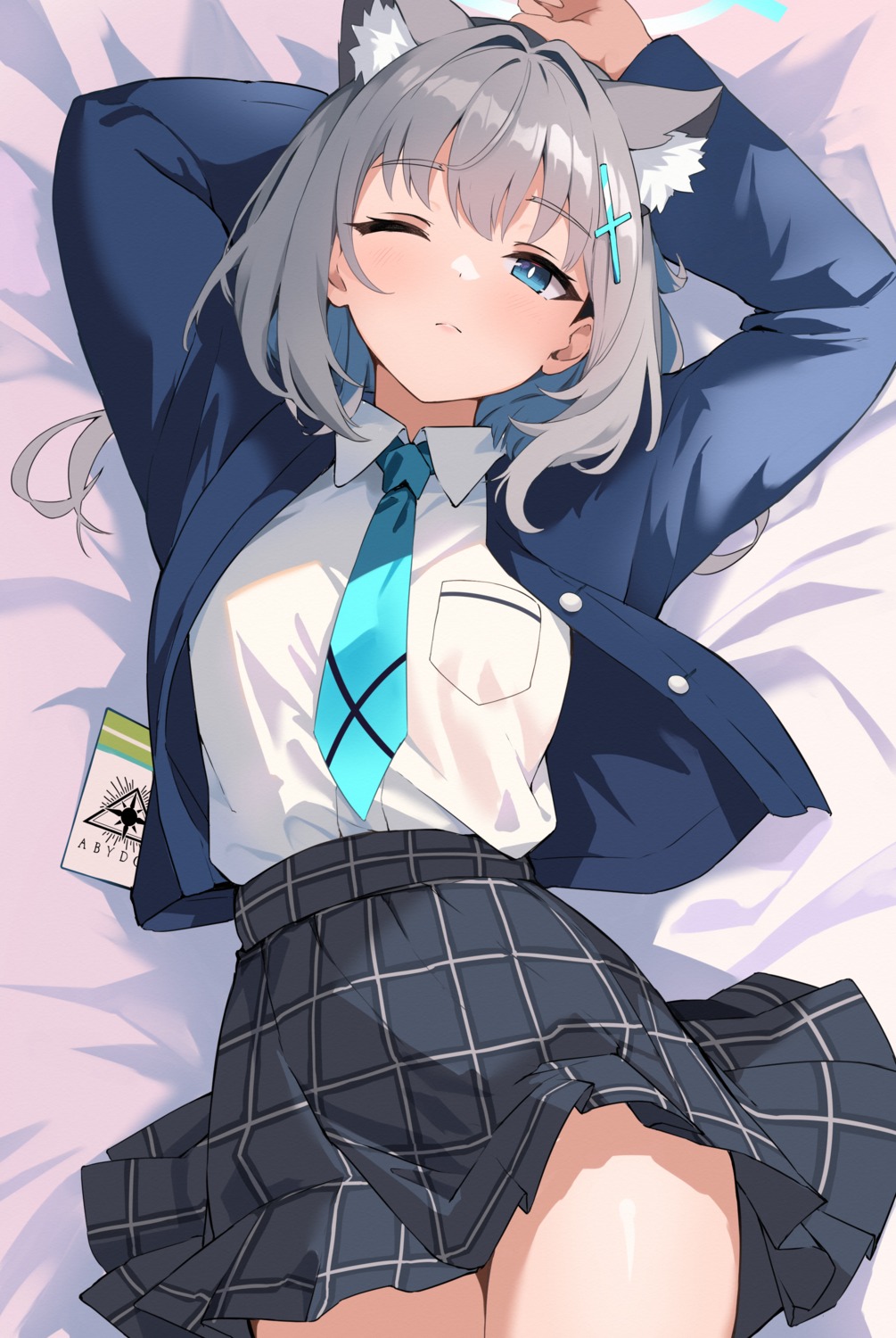 animal_ears, blue_archive, halo, mushpz, nekomimi, seifuku, skirt_lift, sunaookami_shiroko