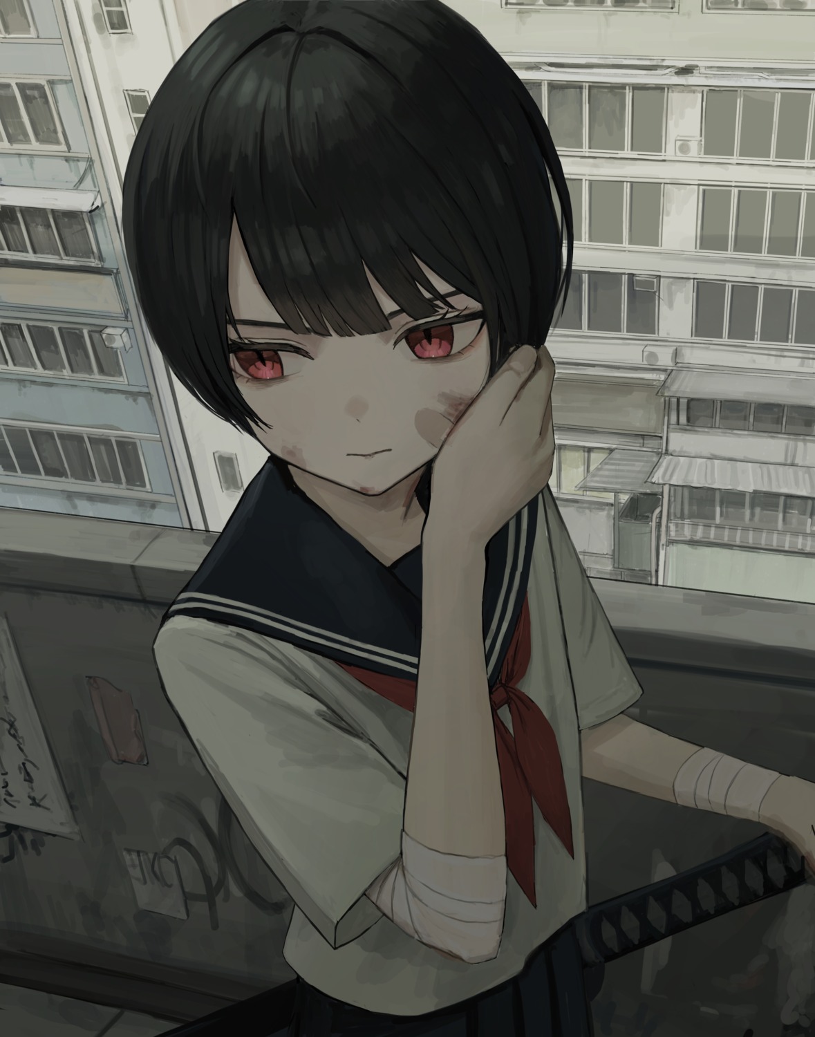bandages, bandaid, sakiika0513, seifuku, sword