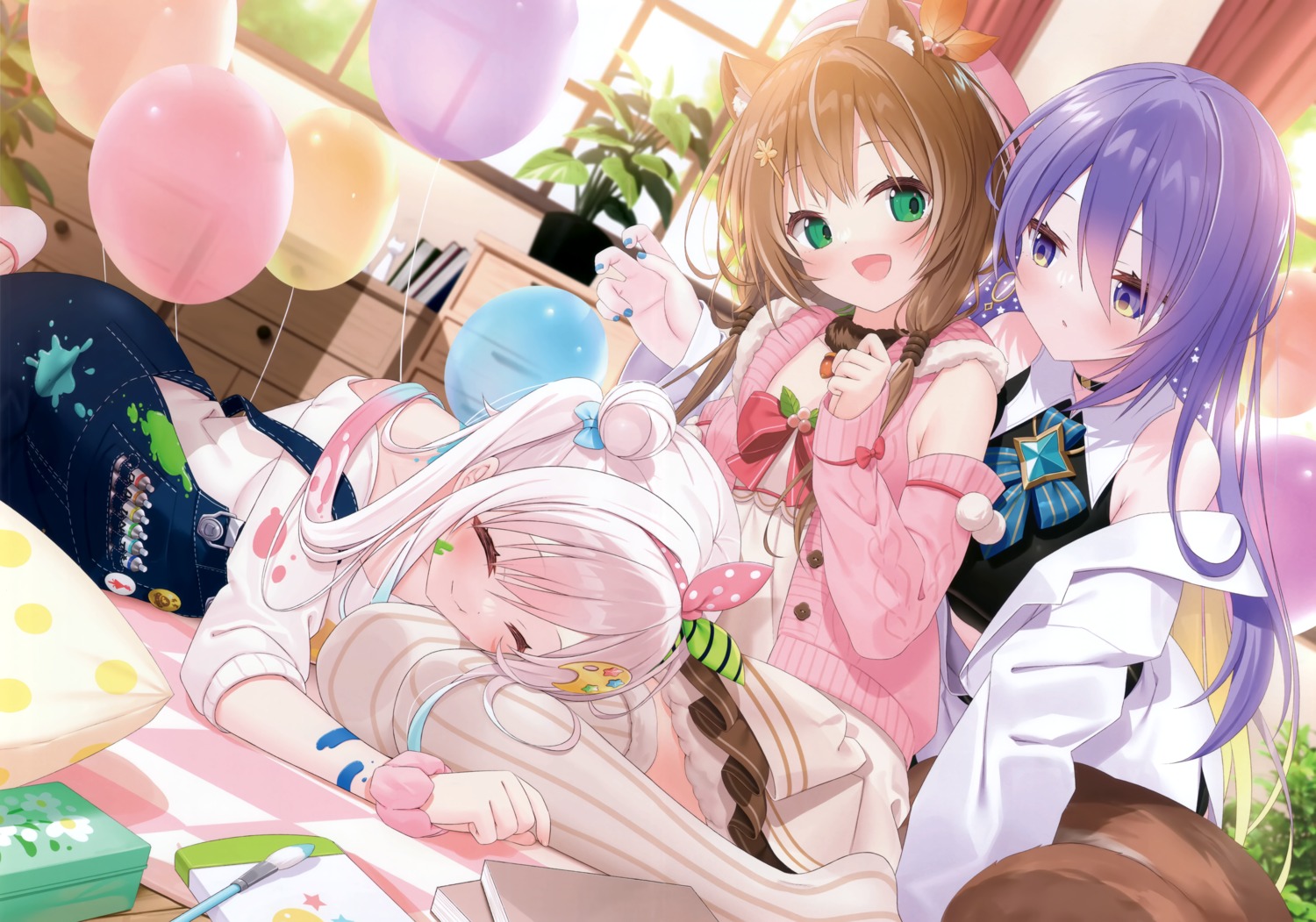 airani_iofifteen, animal_ears, animal_herb, ayunda_risu, hololive, hololive_indonesia, moona_hoshinova, overalls