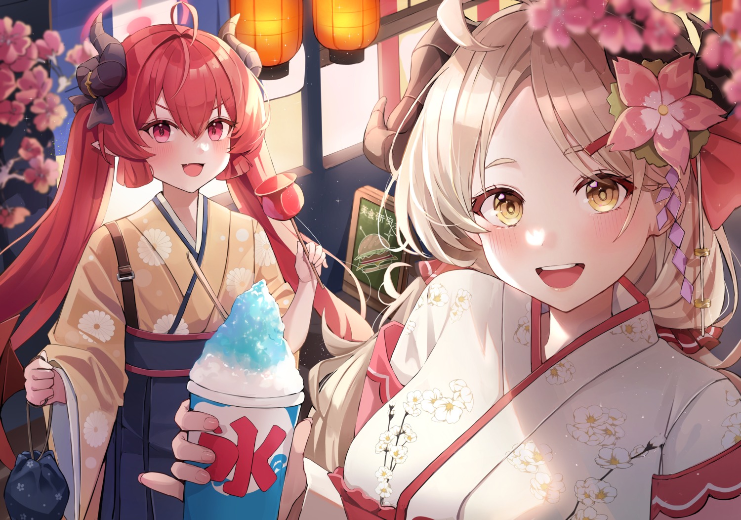 akashi_junko, blue_archive, halo, horns, japanese_clothes, kim_leeyoon, pointy_ears, shishidou_izumi