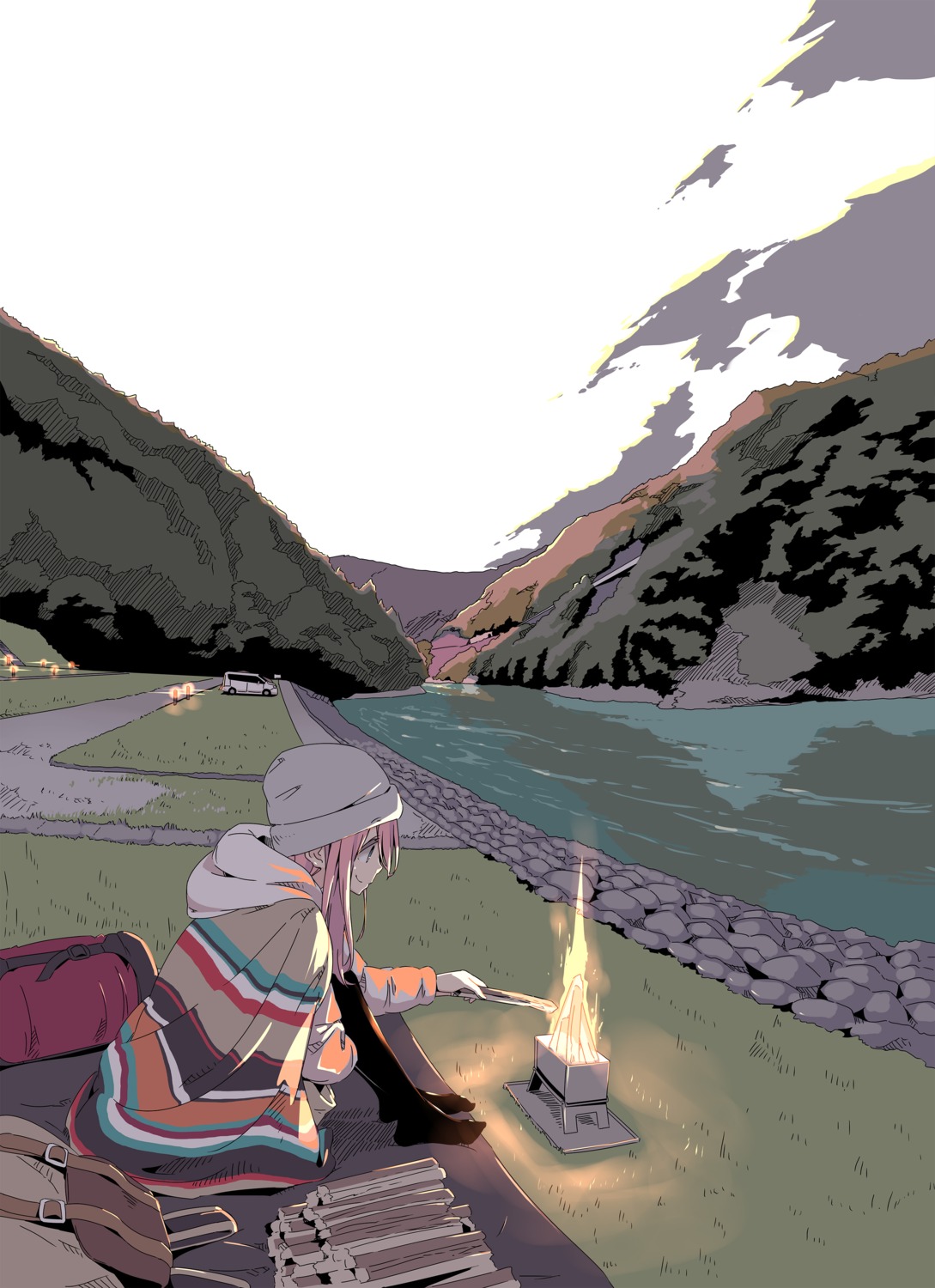 afro, kagamihara_nadeshiko, landscape, yurucamp