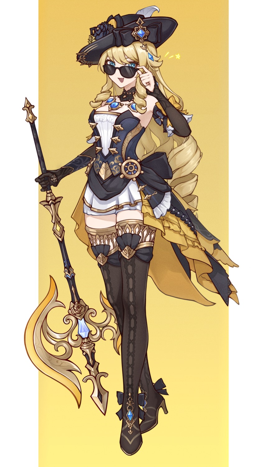 dress, genshin_impact, heels, heshandepingtouge, megane, navia, thighhighs, weapon