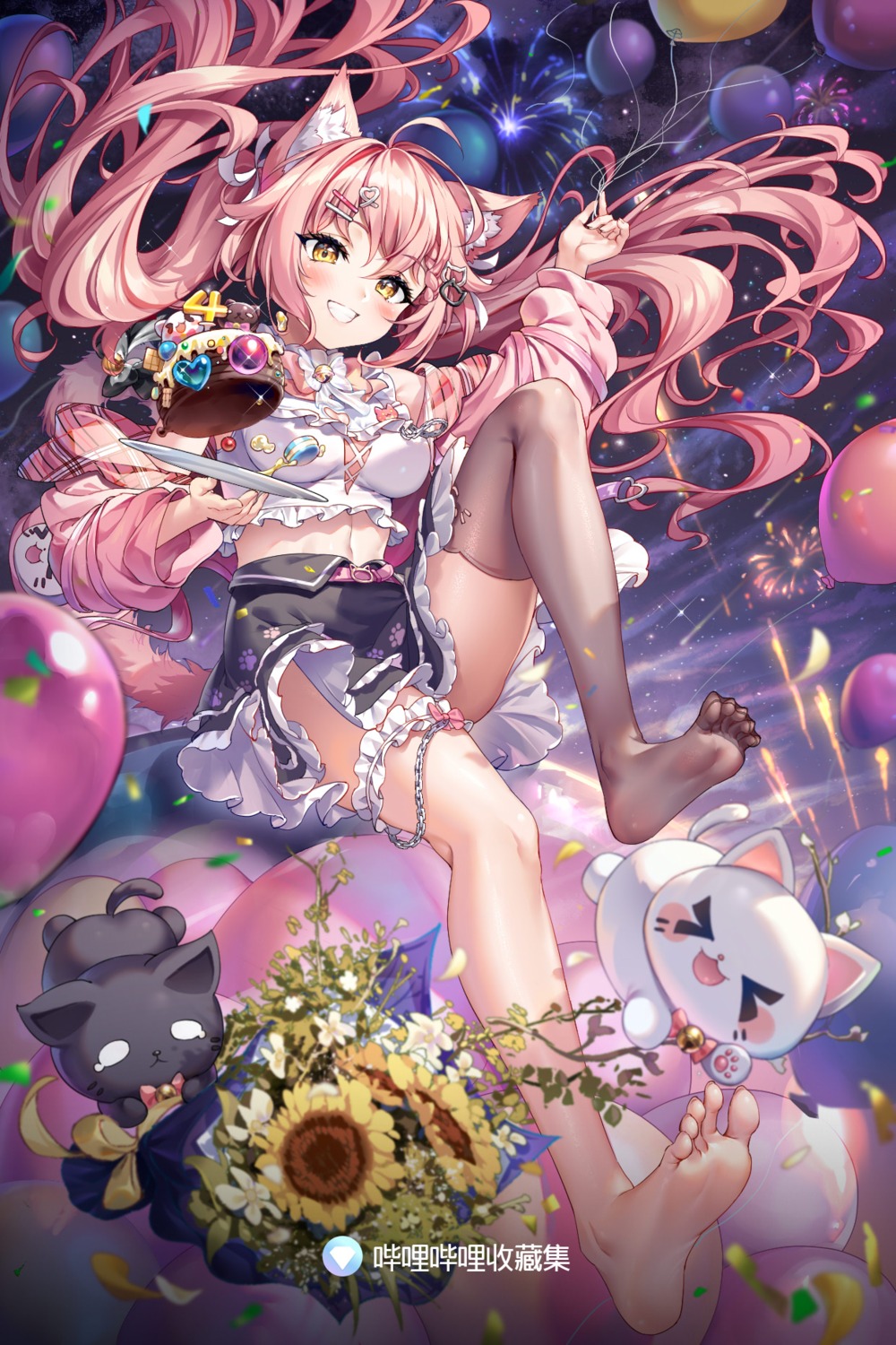animal_ears, feet, garter, neko, sannio, skirt_lift, tail, thighhighs