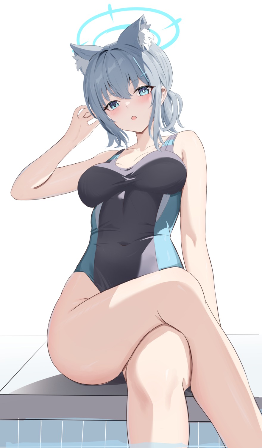 animal_ears, blue_archive, halo, nekomimi, pharmarr, sunaookami_shiroko, swimsuits, wet