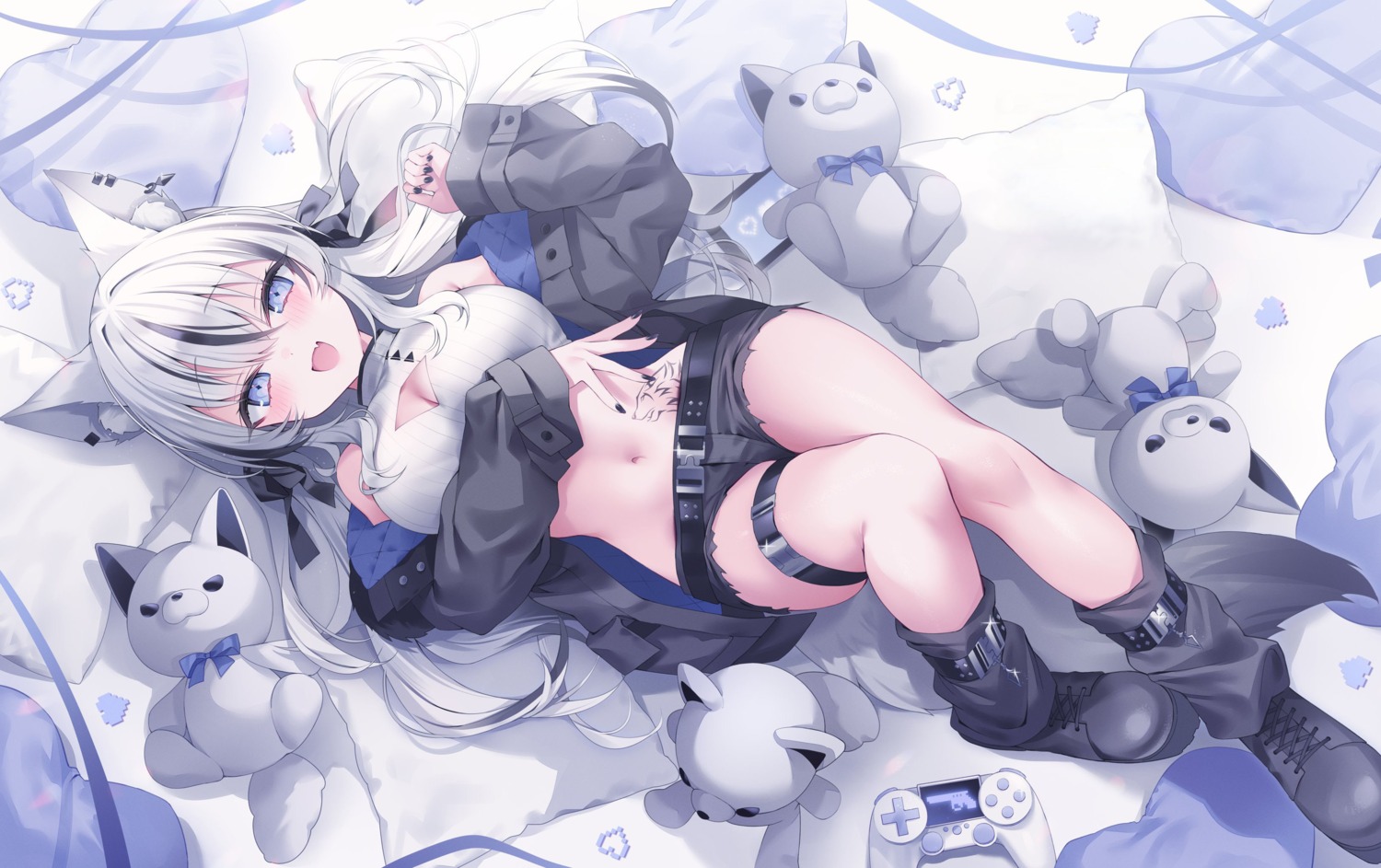 animal_ears, cleavage, detexted, garter, indie_virtual_youtuber, mochita_ren, shu_bii, tail, tattoo, torn_clothes