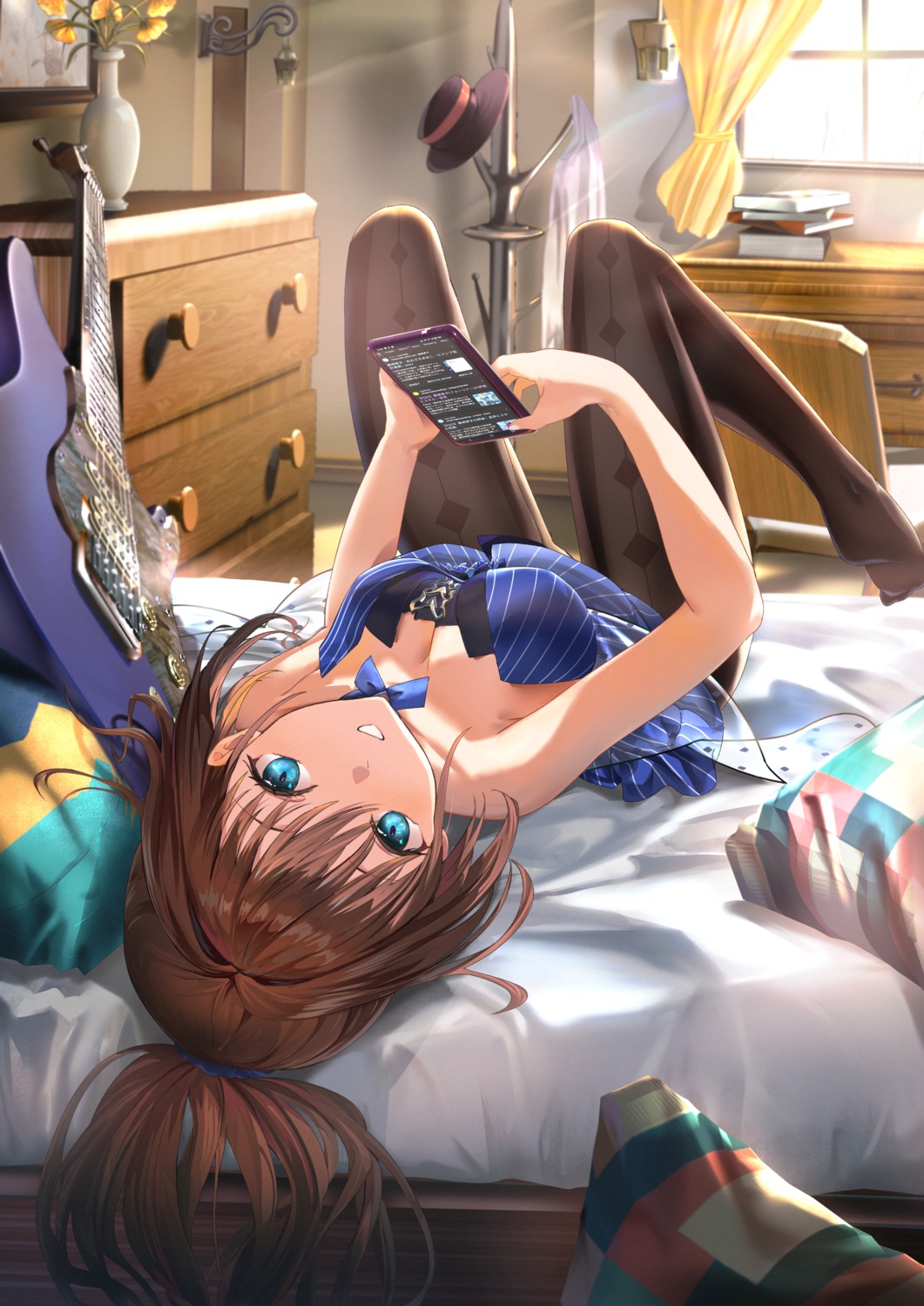 aozaki_aoko, dress, guitar, mahou_tsukai_no_yoru, mosta_(lo1777789), no_bra, pantyhose