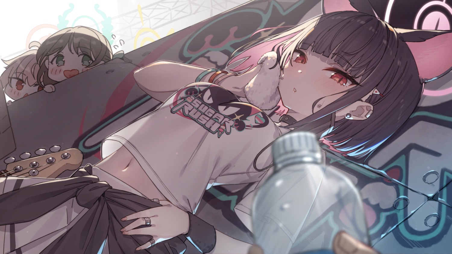 animal_ears, blue_archive, chibi, guitar, halo, ibaragi_yoshimi, kurimura_airi, kyouyama_kazusa