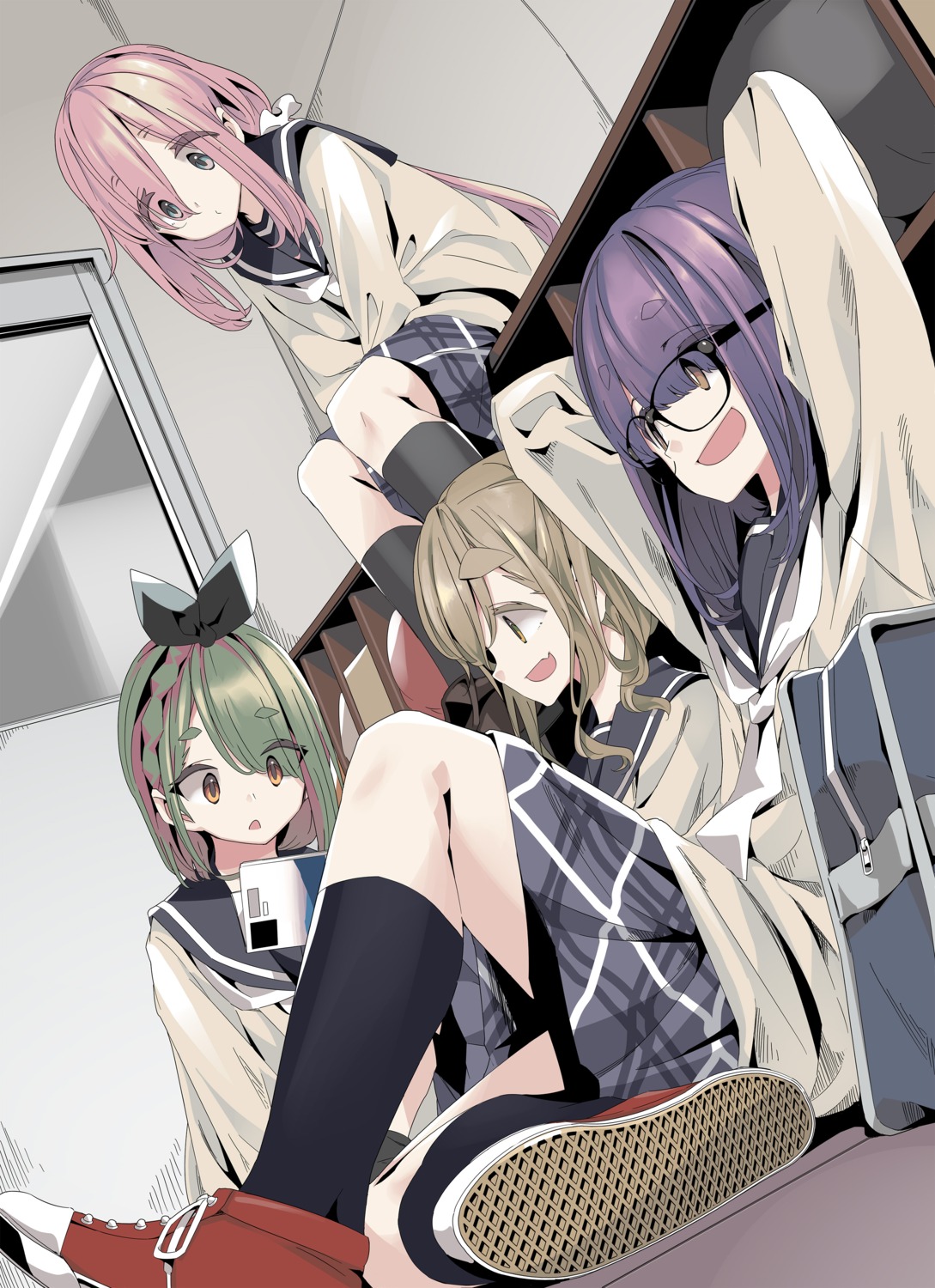 afro, inuyama_aoi, kagamihara_nadeshiko, megane, nakatsugawa_mei, oogaki_chiaki, seifuku, skirt_lift
