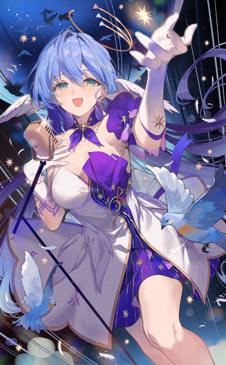 dress, halo, honkai:_star_rail, necomi, no_bra, robin, skirt_lift, wings
