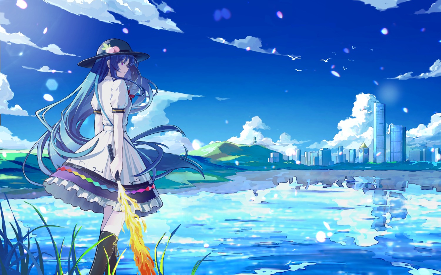 dress, er_yi_zhi, hinanawi_tenshi, landscape, sword, touhou