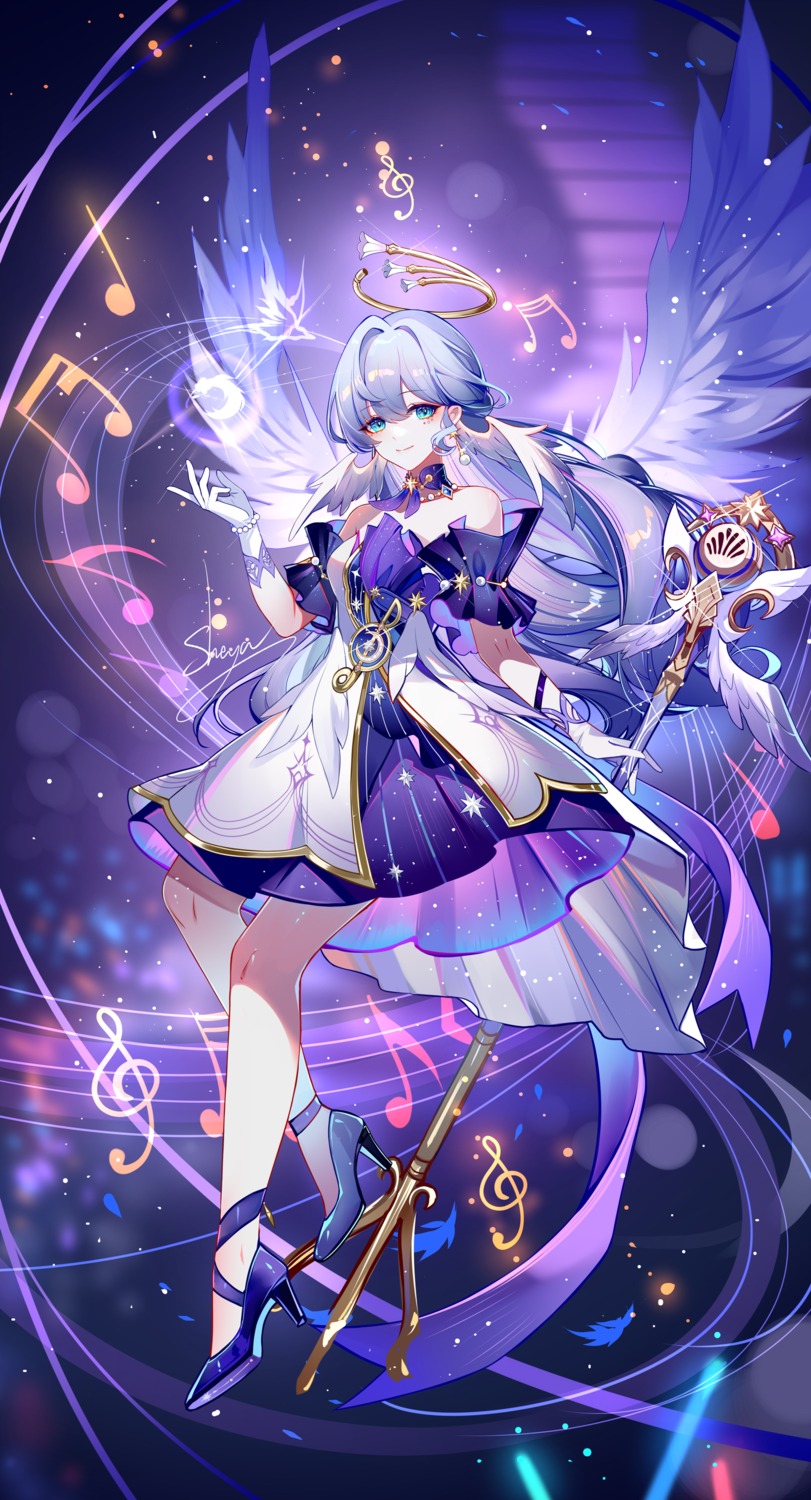 dress, halo, heels, honkai:_star_rail, no_bra, robin, sheya, wings