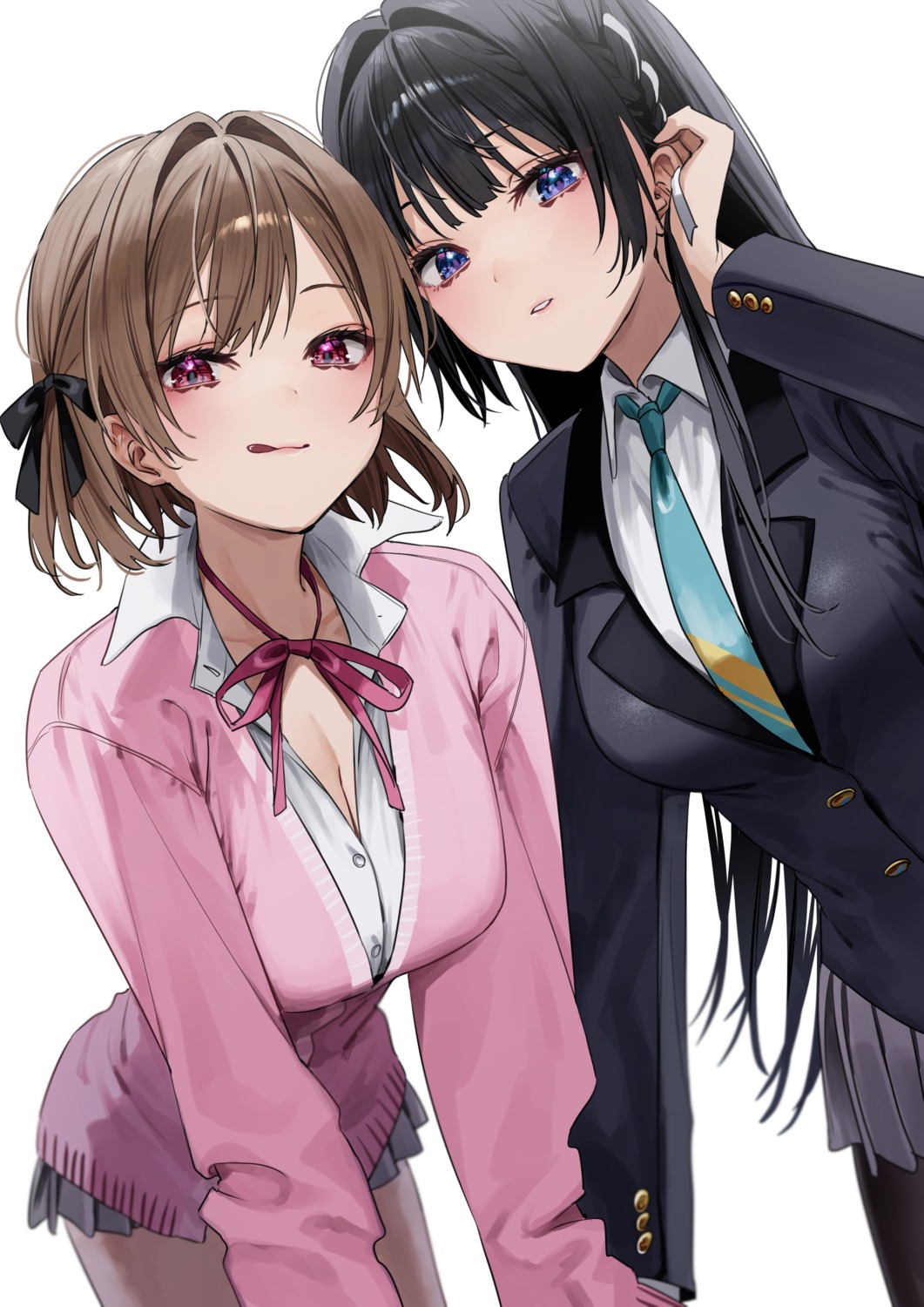 chigusa_minori, cleavage, open_shirt, otoko_girai_na_bijin_shimai_wo_namae_mo_tsugezu_ni_tasuketara_ittai_dounaru?, pantyhose, seifuku, shinjou_aina, shinjou_arisa, sweater