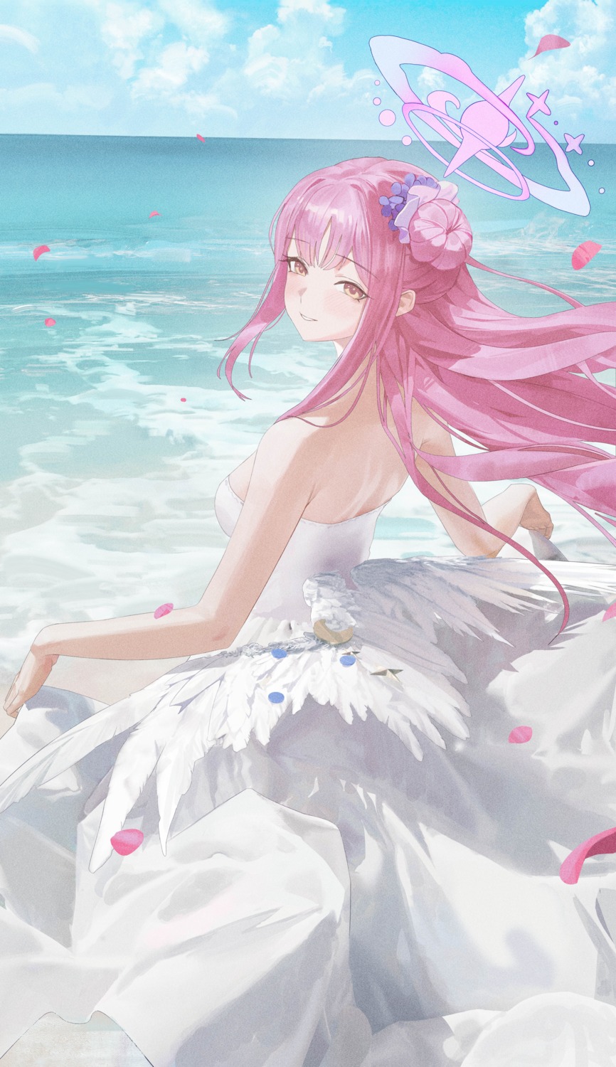 1s44c, angel, blue_archive, dress, misono_mika, no_bra, skirt_lift, wings