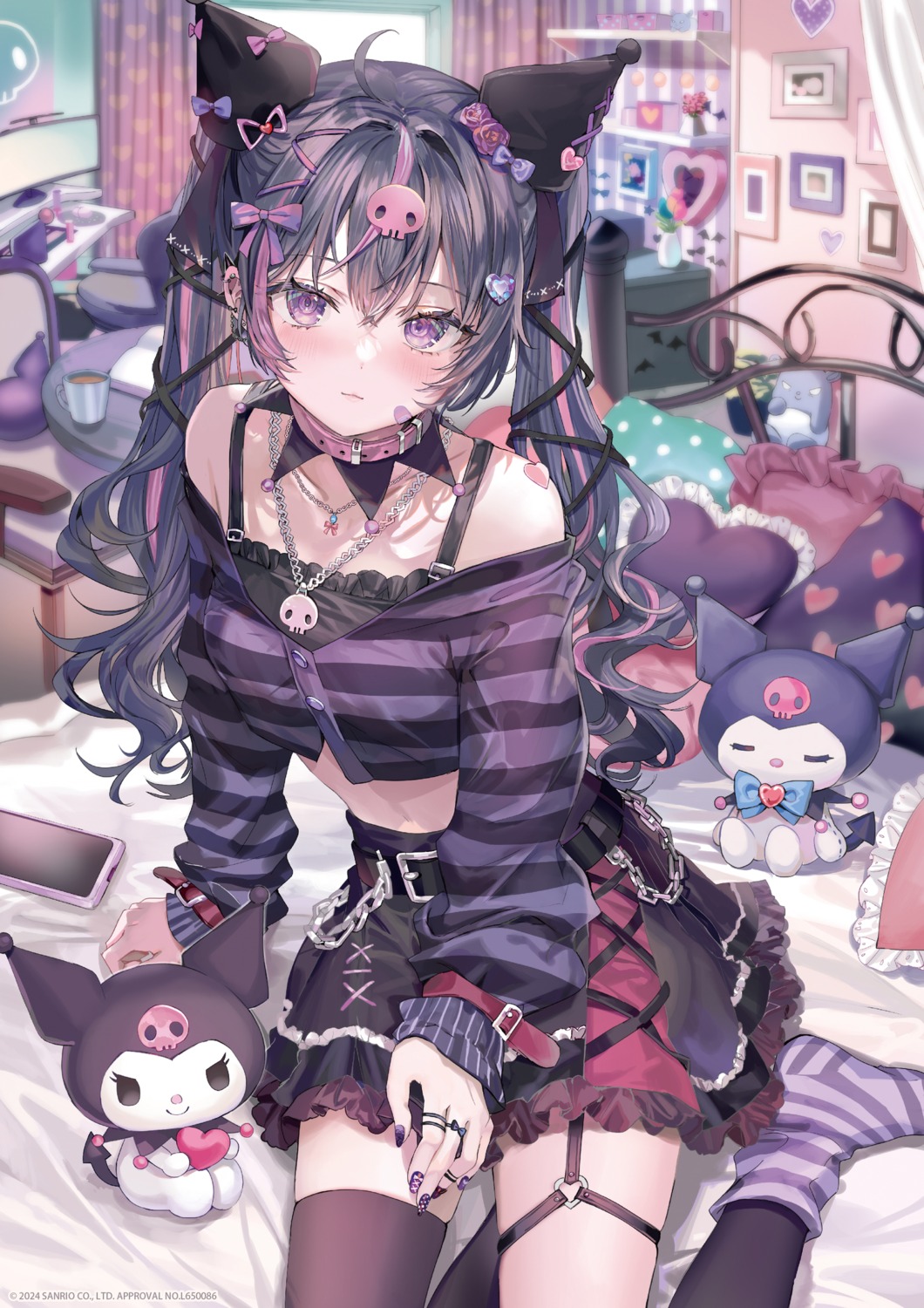 animal_ears, bandaid, crossover, garter, kuromi_(sanrio), momoko_(momopoco), sanrio, thighhighs