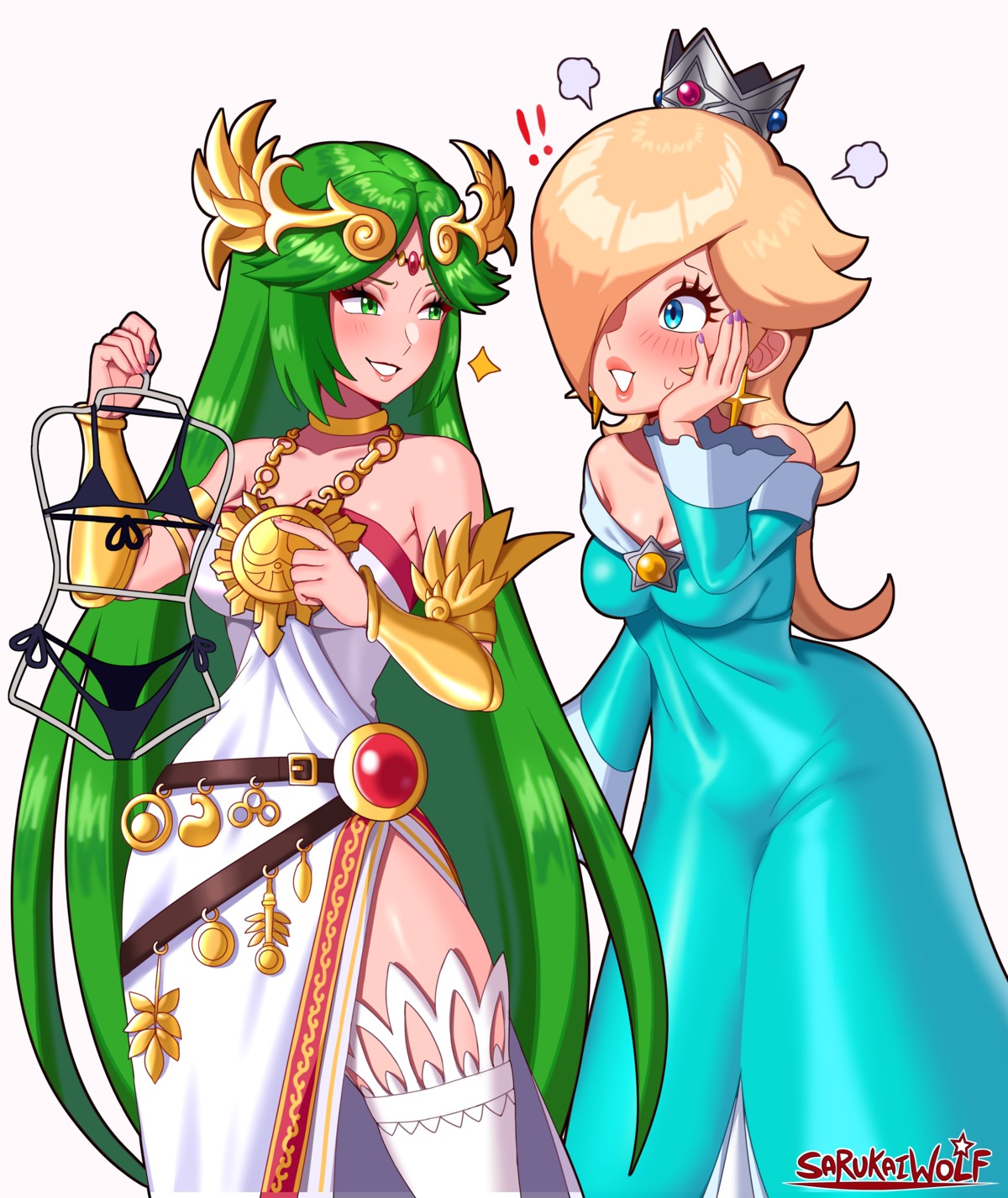 bikini, cleavage, crossover, dress, kid_icarus, mario_(series), no_bra, palutena