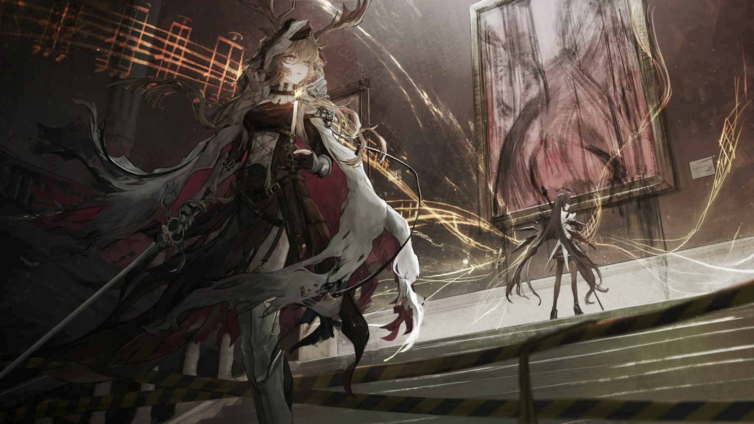 angel, animal_ears, arknights, armor, dress, horns, nueegochi, pantyhose, stockings, sword, thighhighs, torn_clothes, virtuosa_(arknights), viviana_droste, wings