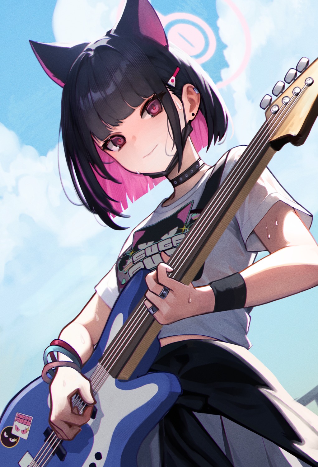 animal_ears, blue_archive, guitar, halo, kyouyama_kazusa, mellow_(srpp4843), nekomimi, see_through, seifuku, uniform, wet, wet_clothes