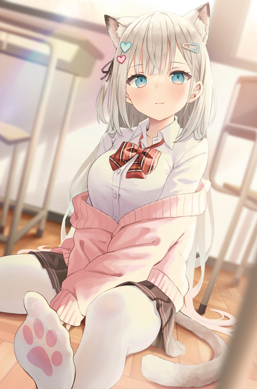 akino_ell, animal_ears, feet, mocha_(akino_ell), nekomimi, pantyhose, seifuku, sweater, tail