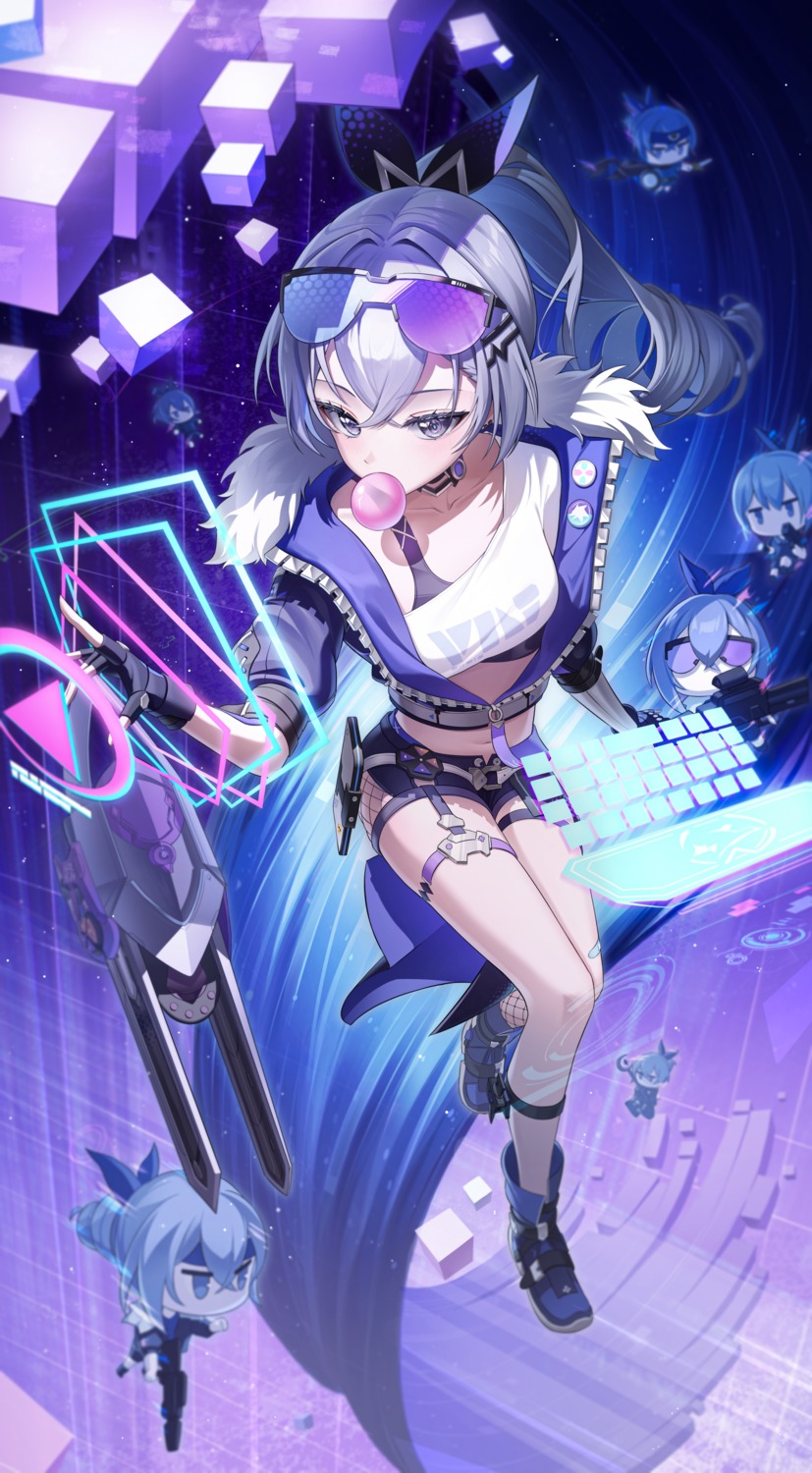 chibi, fishnets, garter, gun, honkai:_star_rail, megane, silver_wolf_(honkai:_star_rail), tiokun7