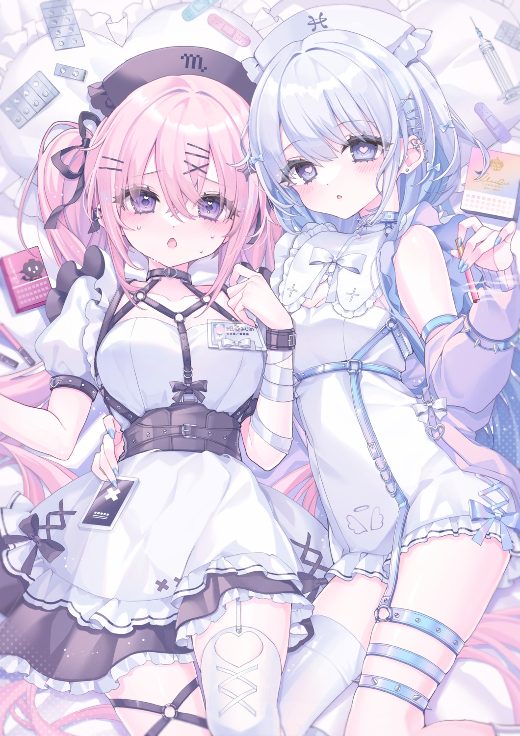 bandages, cleavage, garter, konpe_itou, nurse, smoking, stockings, thighhighs