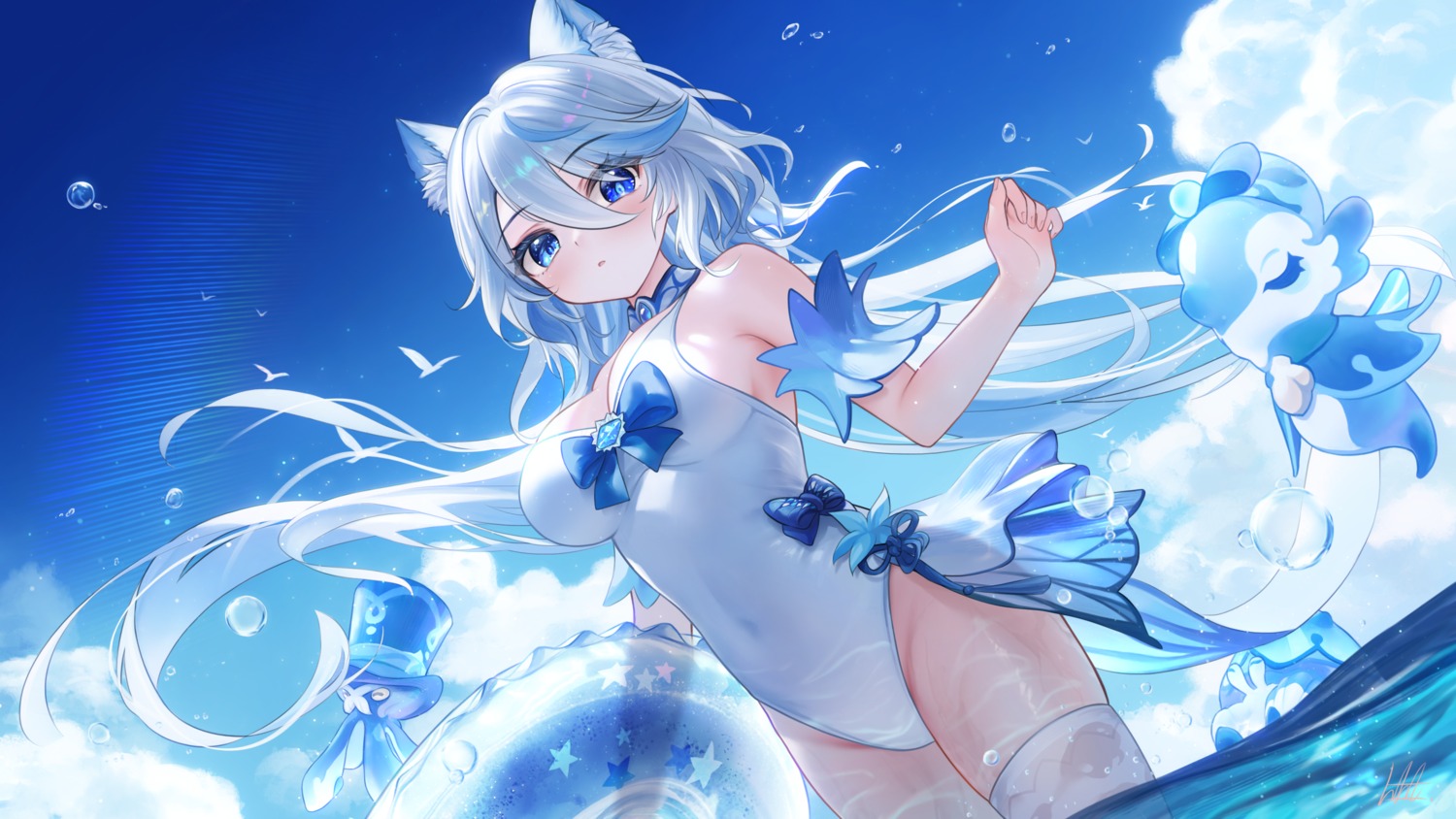 animal_ears, furina, genshin_impact, heterochromia, liht, swimsuits, thighhighs, wallpaper, wet