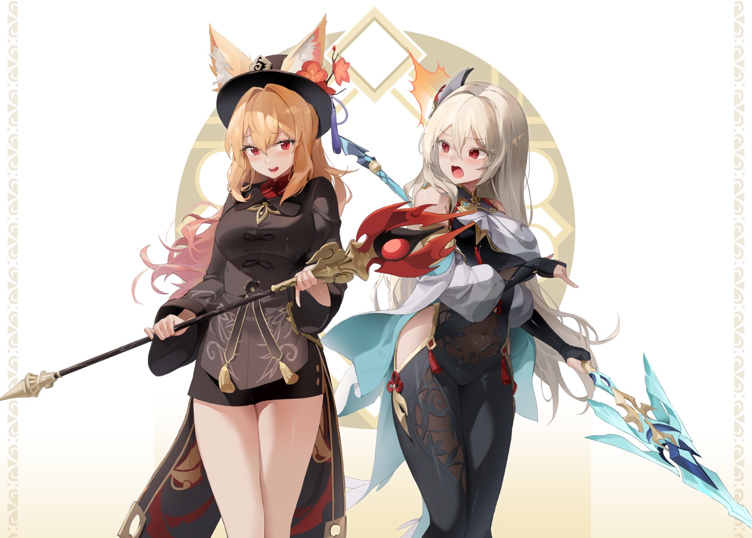 animal_ears, asian_clothes, bodysuit, choyeon, cosplay, dungeon_fighter, ellin_meiji, genshin_impact, hu_tao, lethe_rin, see_through, shenhe, weapon