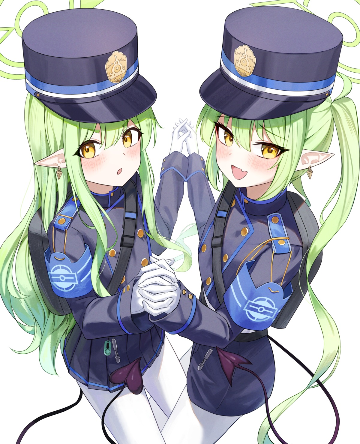 arch_a, blue_archive, halo, pantyhose, pointy_ears, tachibana_hikari, tachibana_nozomi, tail