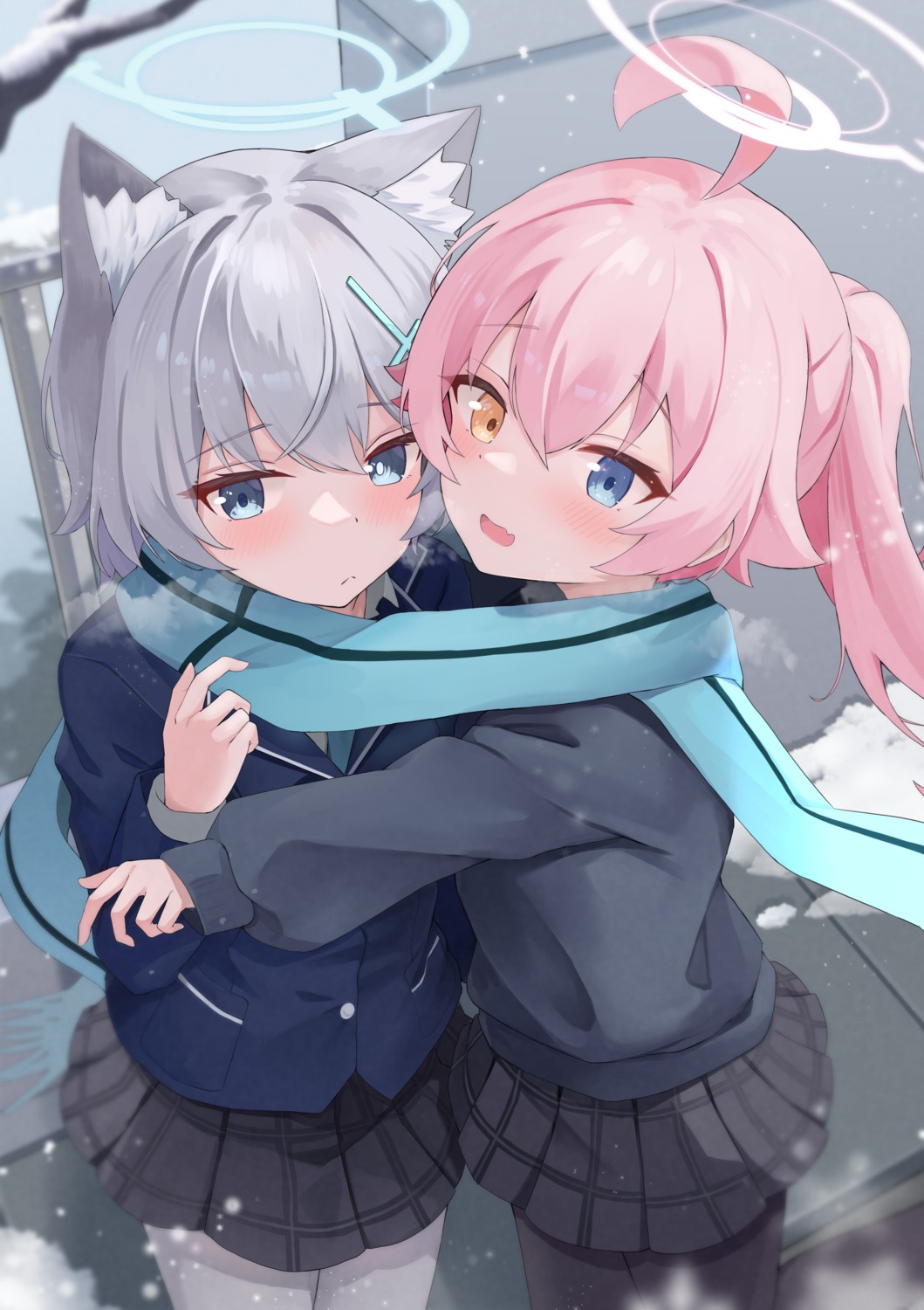 animal_ears, blue_archive, halo, heterochromia, kuroliu_9021, nekomimi, pantyhose, seifuku, sunaookami_shiroko, takanashi_hoshino, yuri