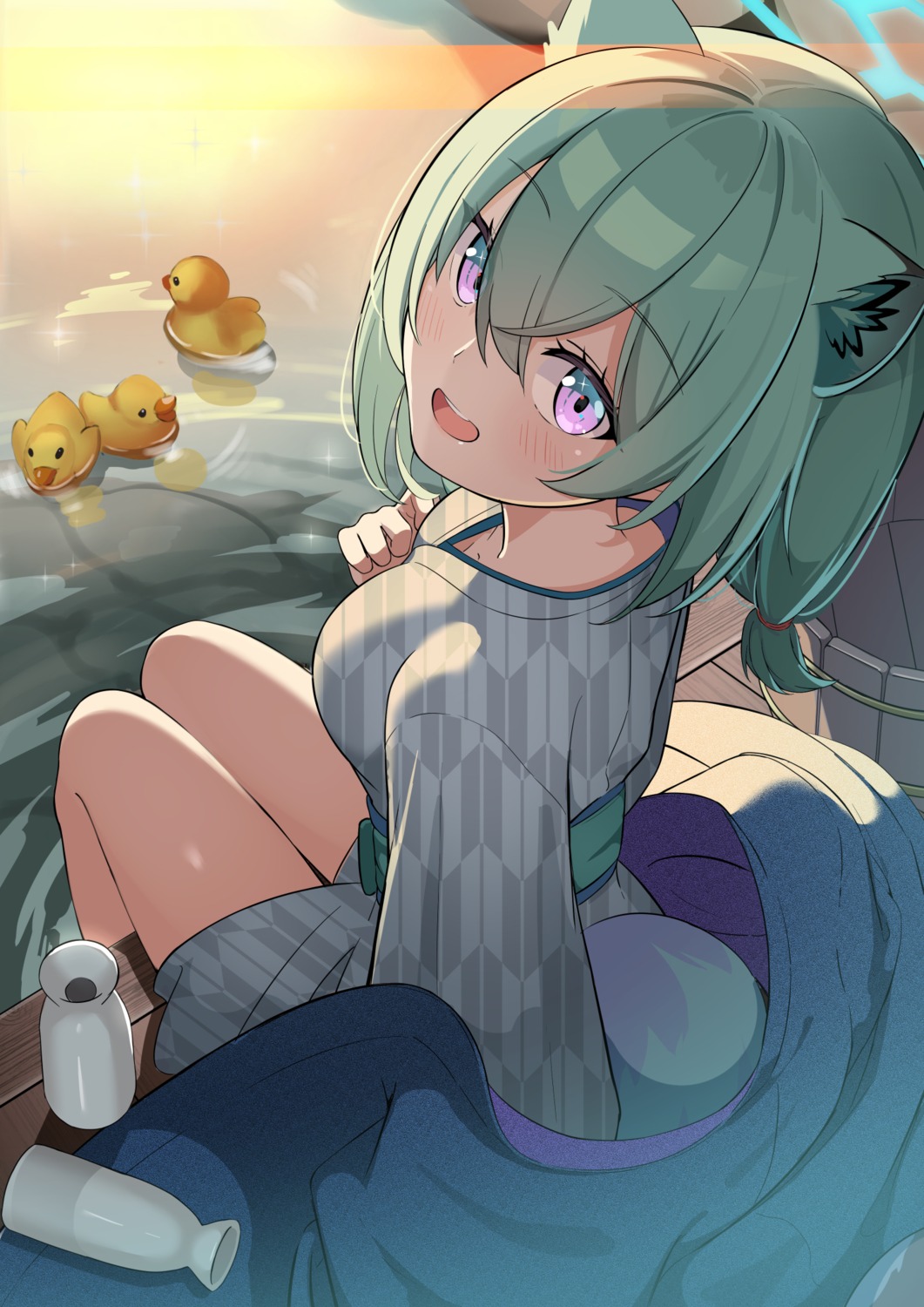 animal_ears, blue_archive, halo, mayoi_shigure, onsen, rindou_ringdong, sake, tail
