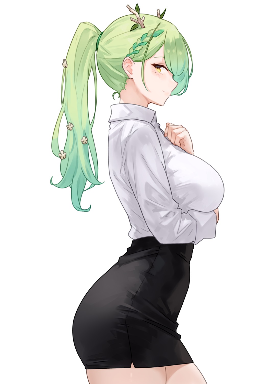 bluefield, breast_hold, ceres_fauna, dress_shirt, hololive, hololive_english, horns