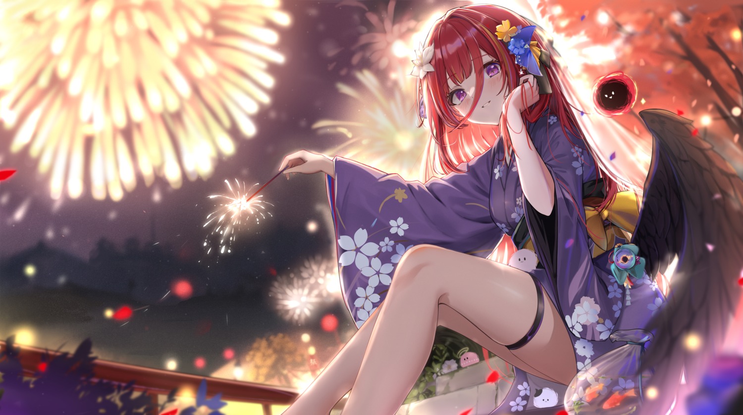 cygnus_(jishenkong_jihua), dasiu, garter, skirt_lift, square_live, wings, yukata